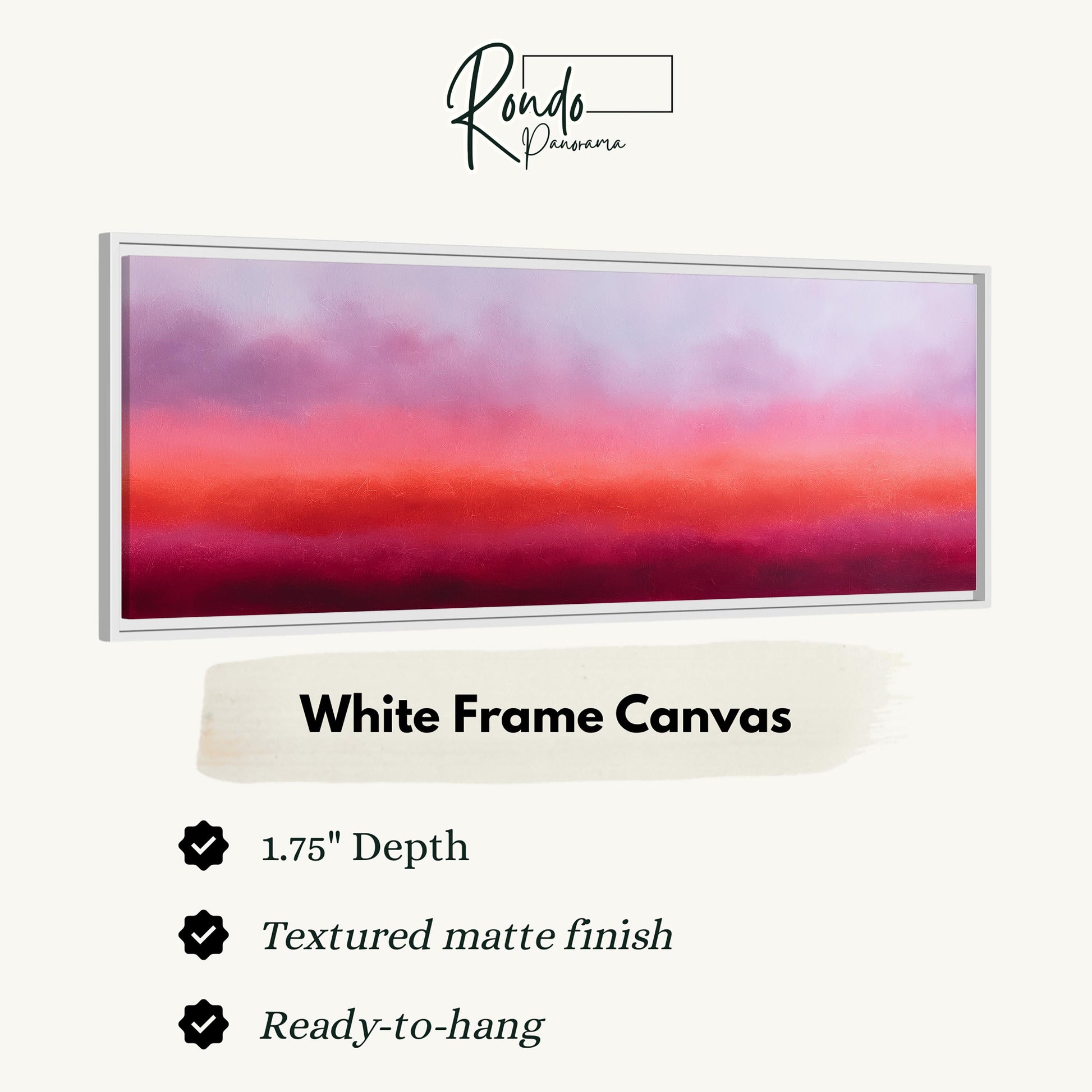 The image is a white frame canvas with a gradient background that transitions from pink to purple. The canvas has a 1.75" depth and is textured with a matte finish. It is ready to hang.