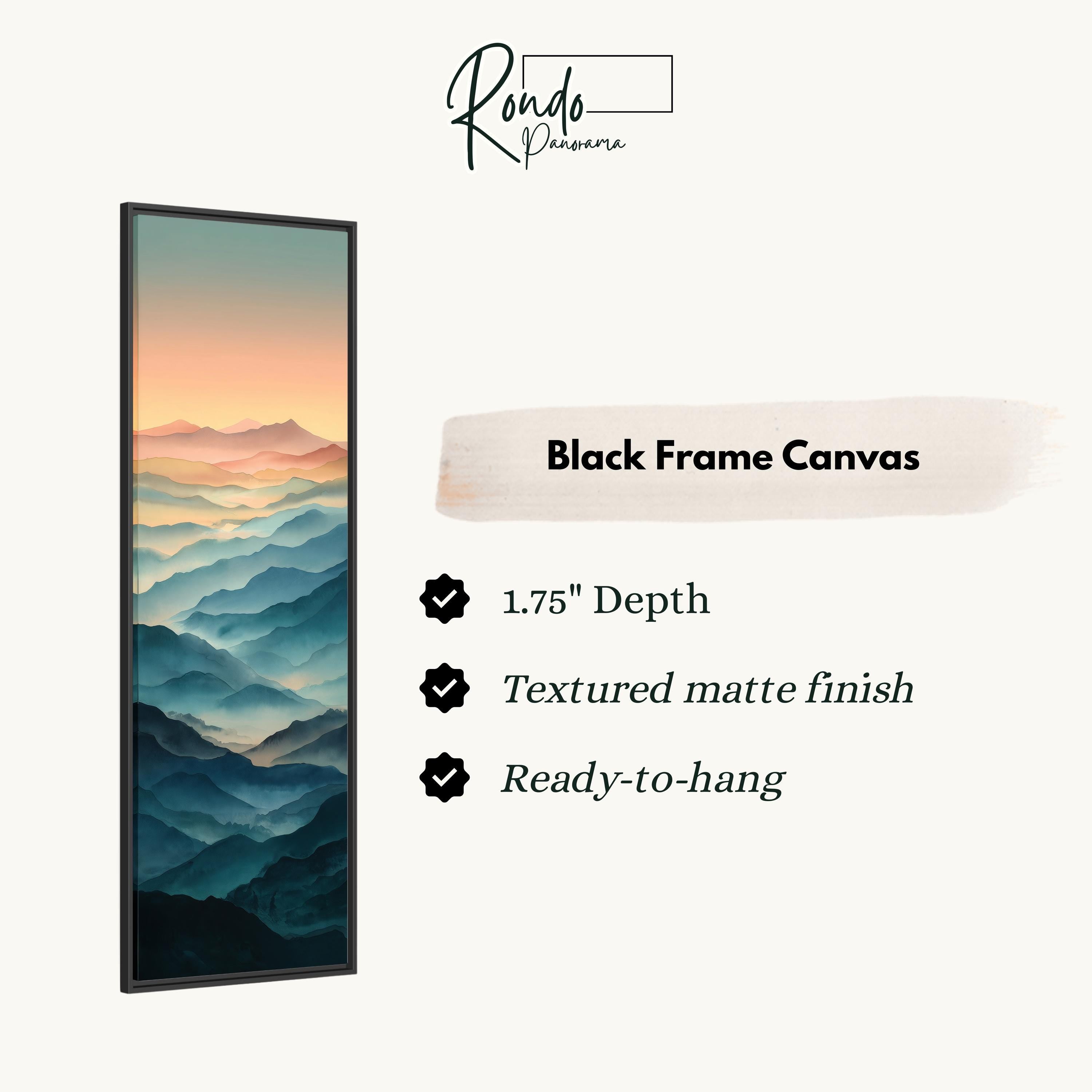 The image is a black frame canvas depicting a landscape with mountains and a sunset.
