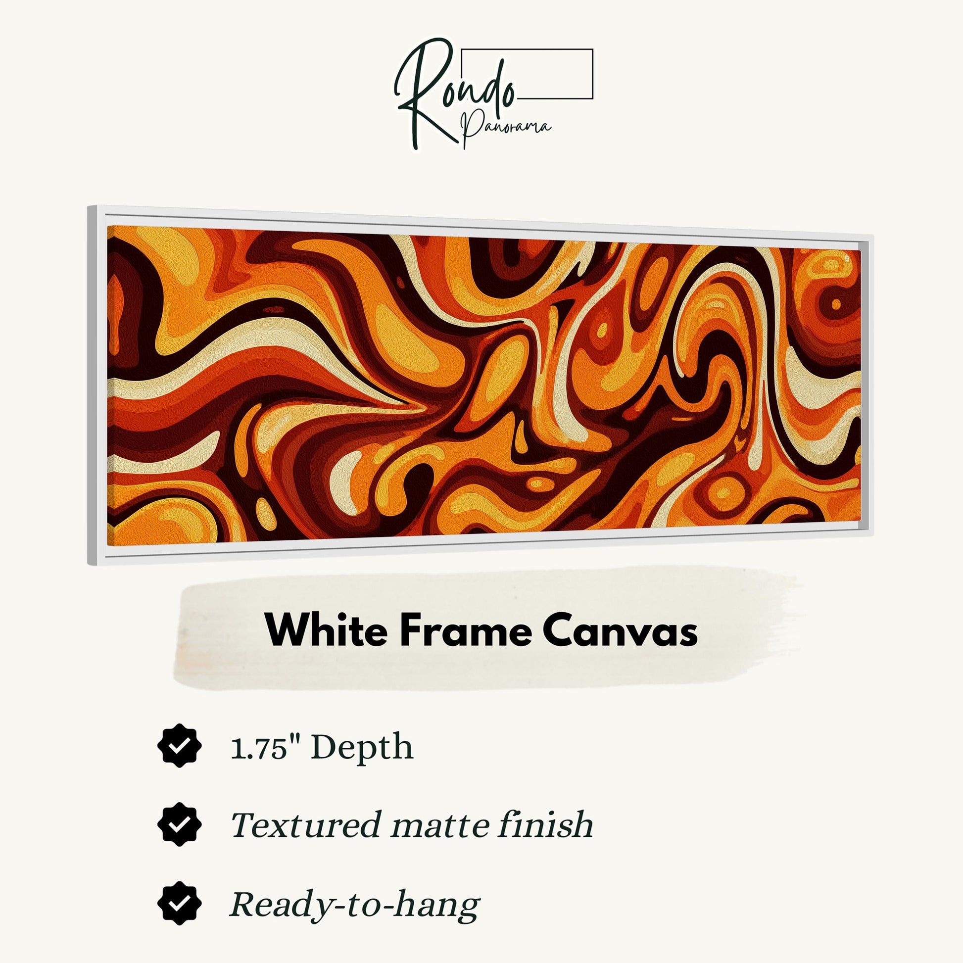 a large abstract painting with a white frame, showcasing a vibrant swirl pattern in shades of orange, brown, and yellow.