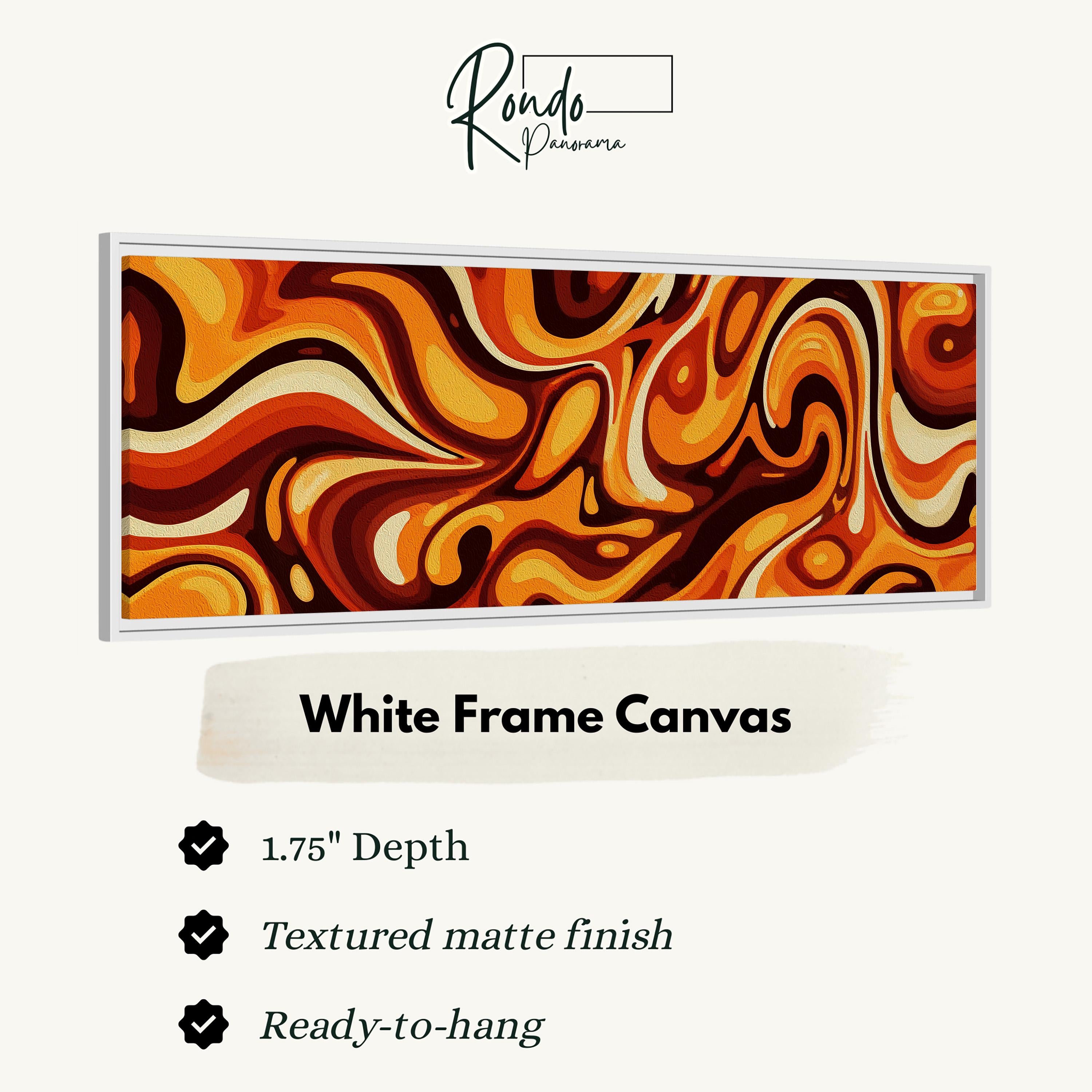 a large abstract painting with a white frame, showcasing a vibrant swirl pattern in shades of orange, brown, and yellow.