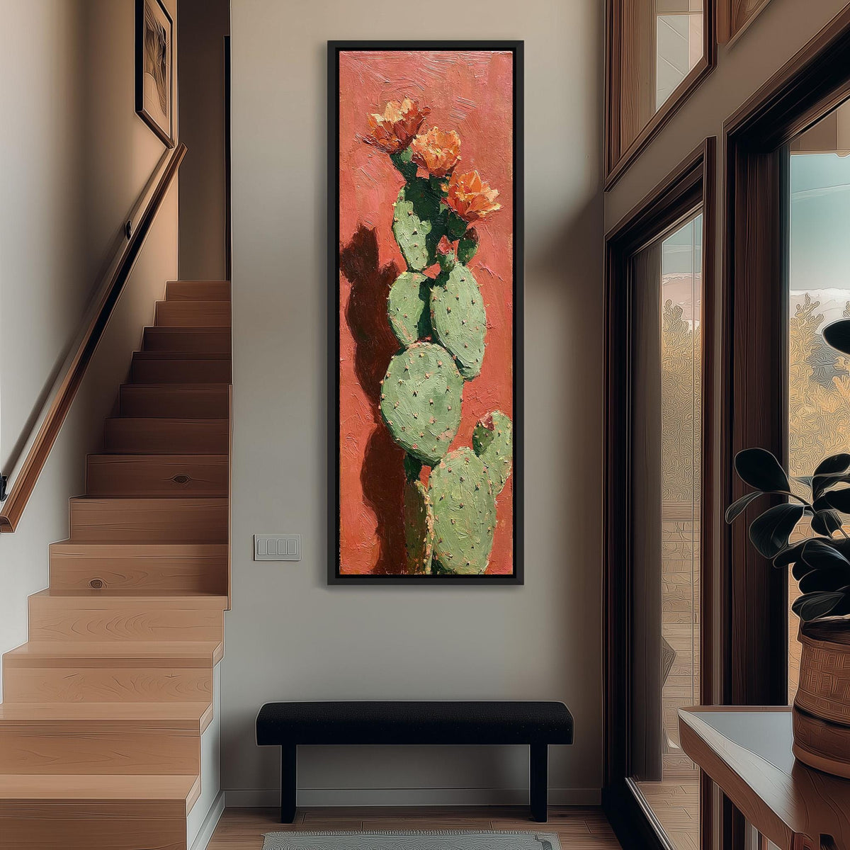 Blooming prickly pear cactus tall narrow canvas print beside a staircase in an entryway