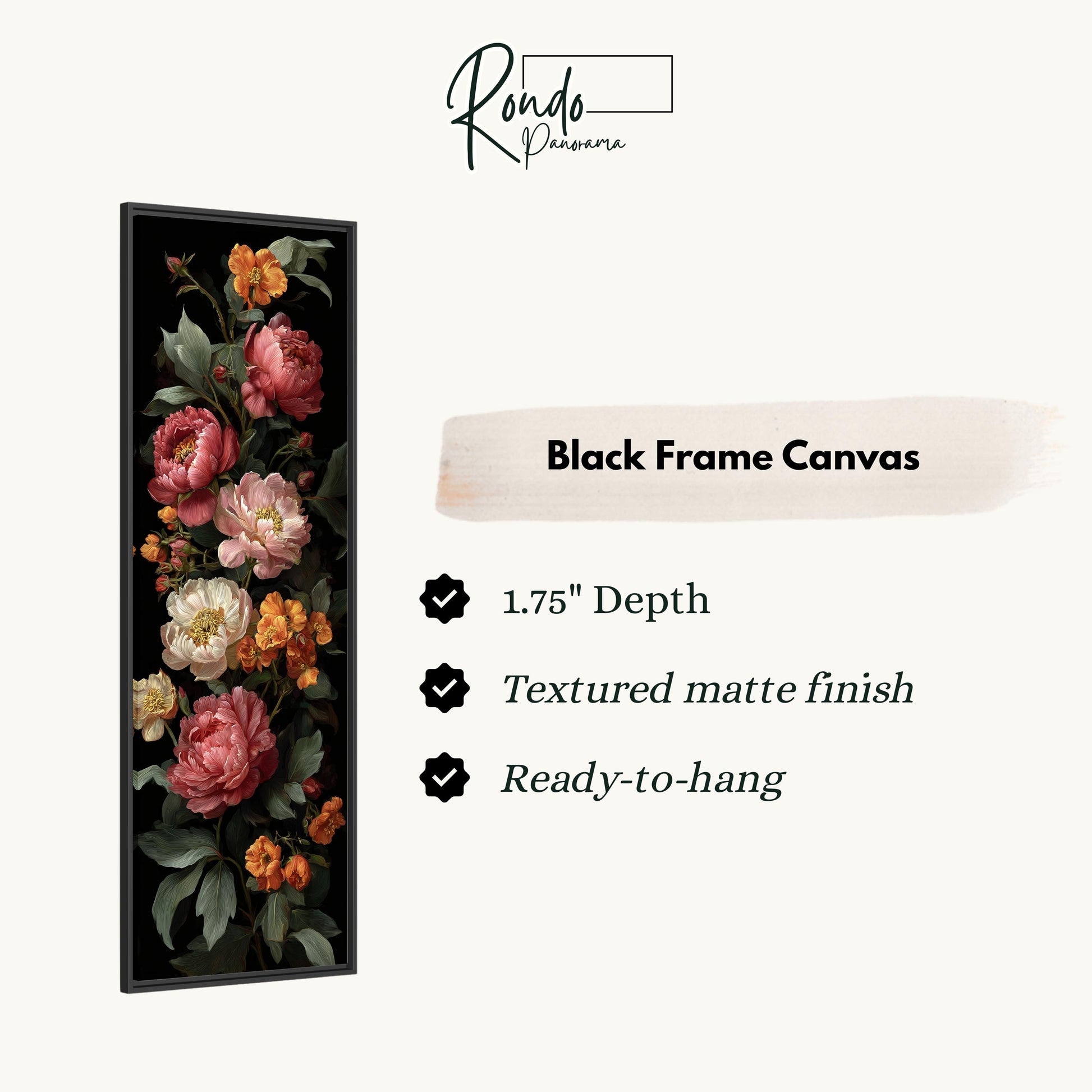 The image is a black frame canvas featuring a vertical arrangement of pink and white flowers.
