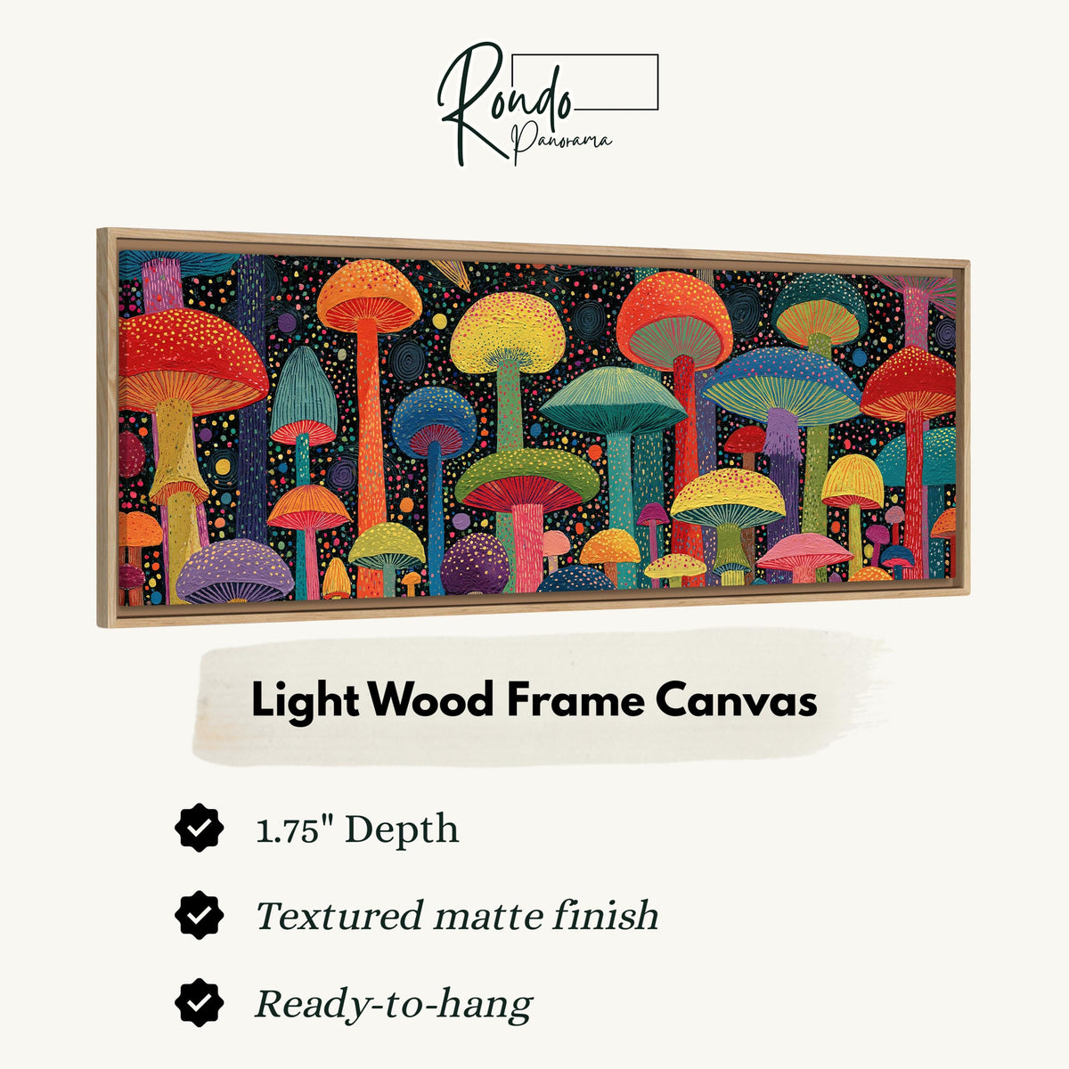 Colorful dotted mushrooms at midnight canvas print in a light wood floating frame
