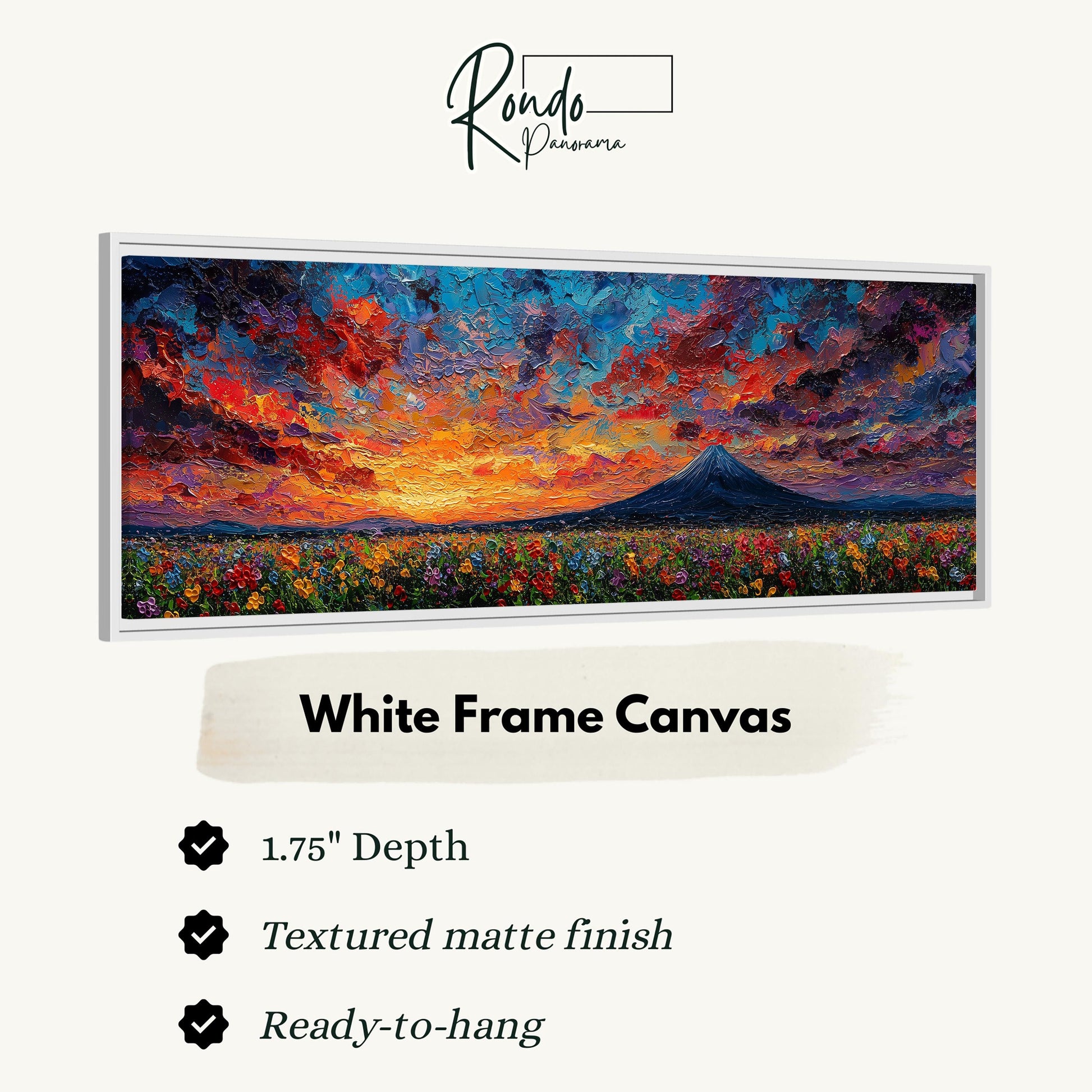 The image is a white frame canvas depicting a colorful sunset over a field of flowers.