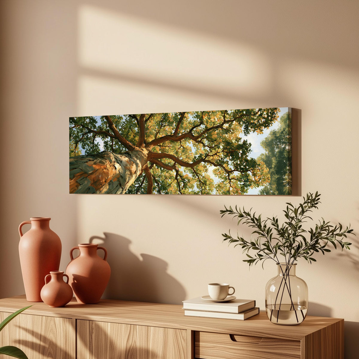 Autumn oak canopy seen from below long horizontal canvas print above a wooden sideboard