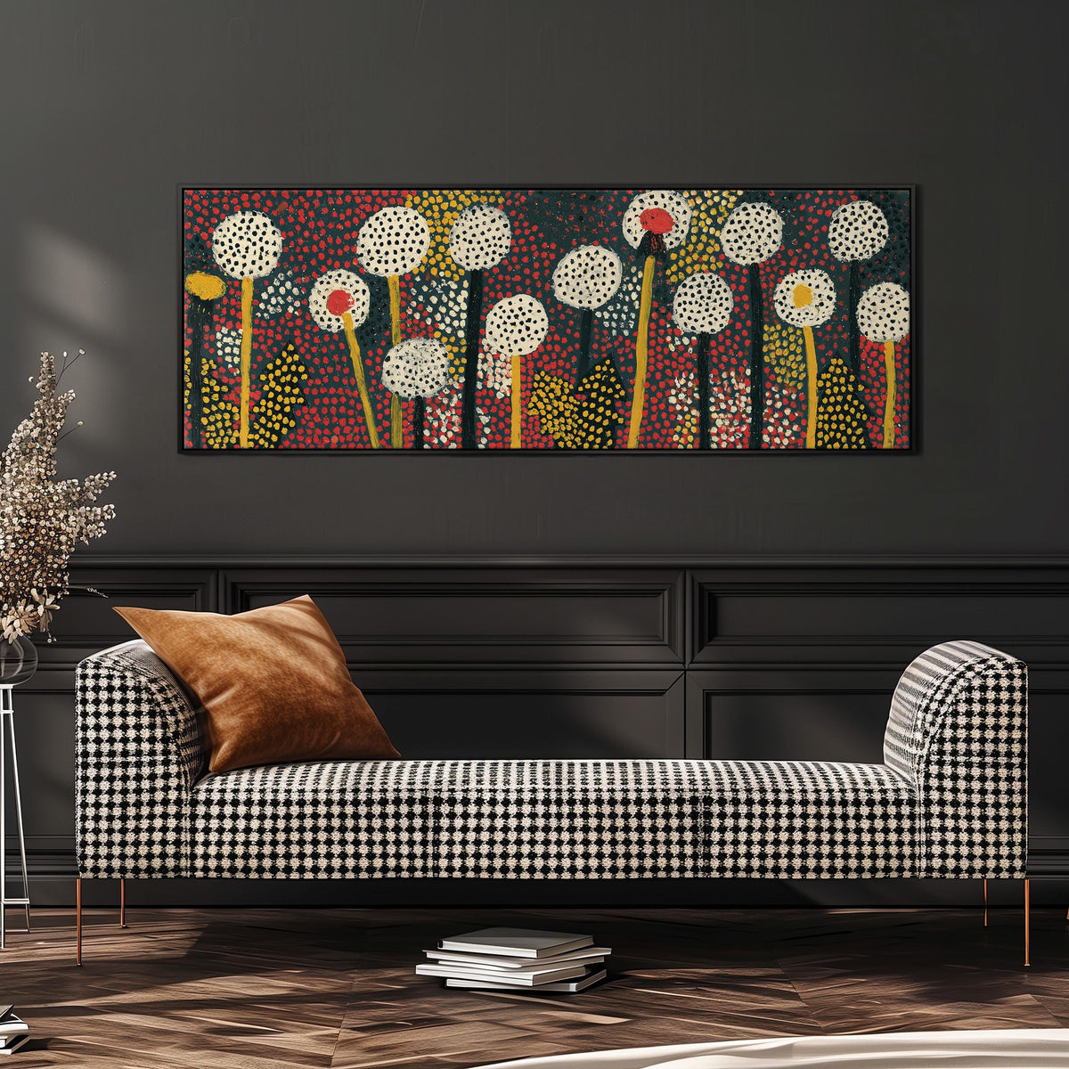 Dotted dandelion meadow wide panoramic canvas print above a bench in a dark living room