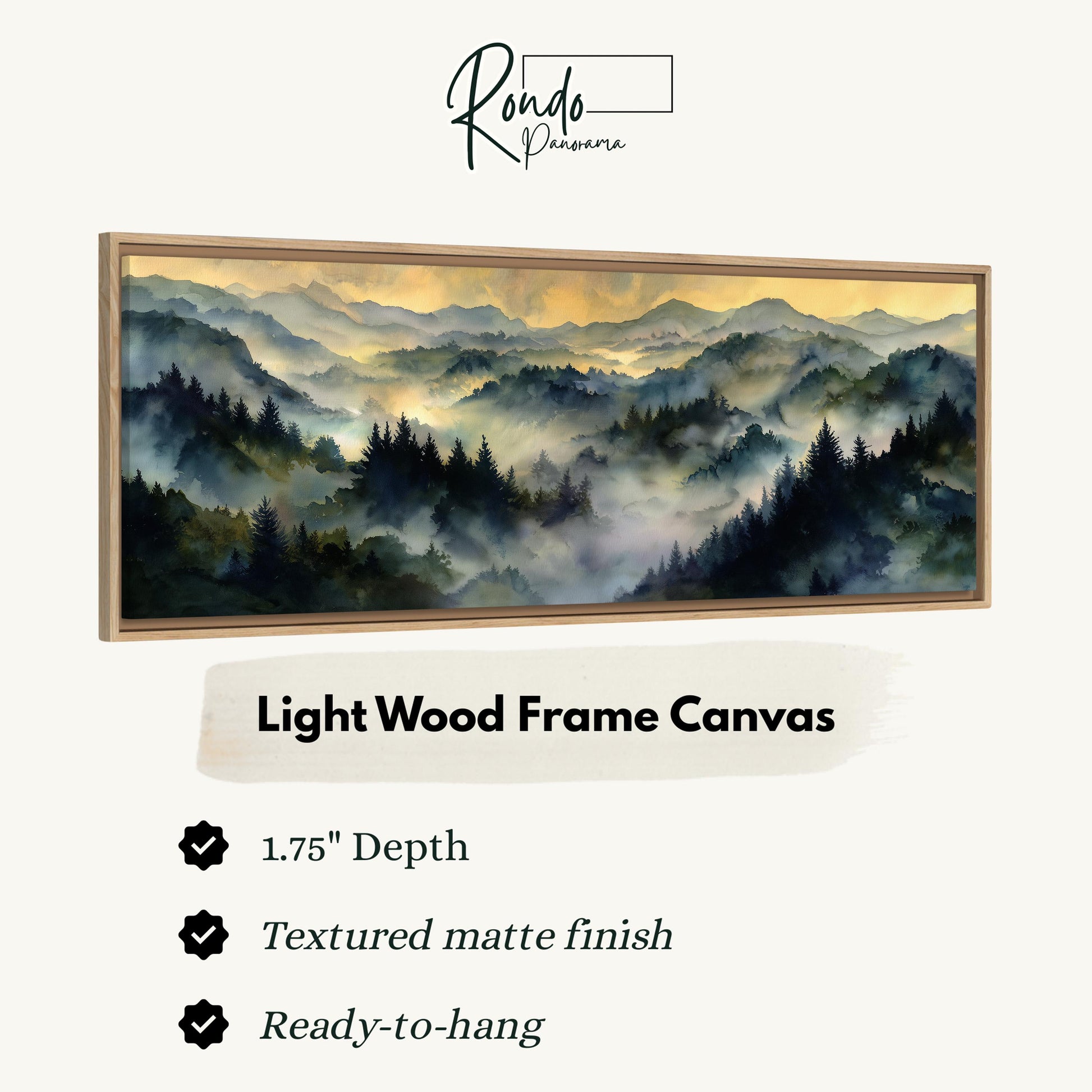 The image is a framed artwork depicting a serene landscape with a forested mountain range in the background, creating a sense of tranquility and natural beauty.