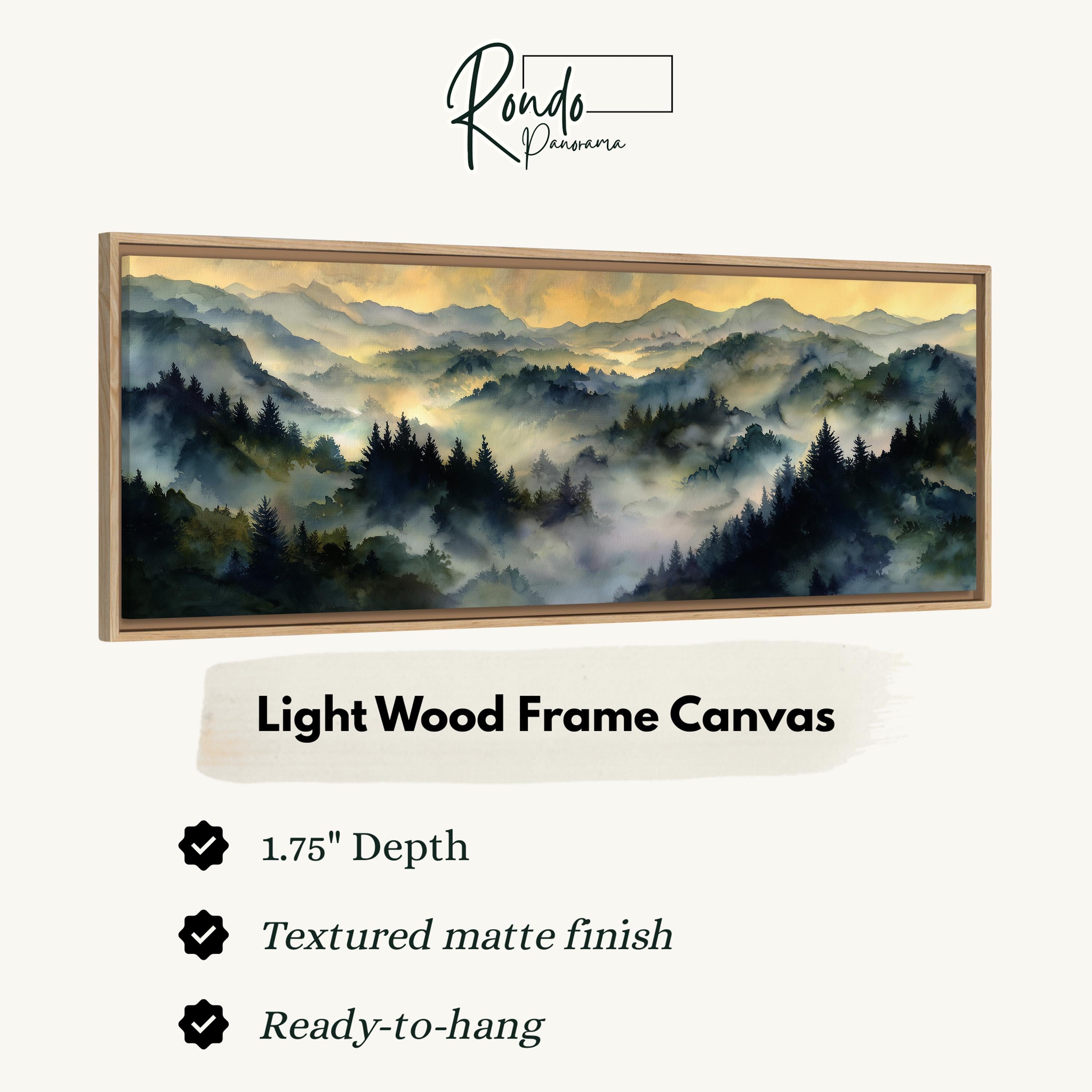 The image is a framed artwork depicting a serene landscape with a forested mountain range in the background, creating a sense of tranquility and natural beauty.