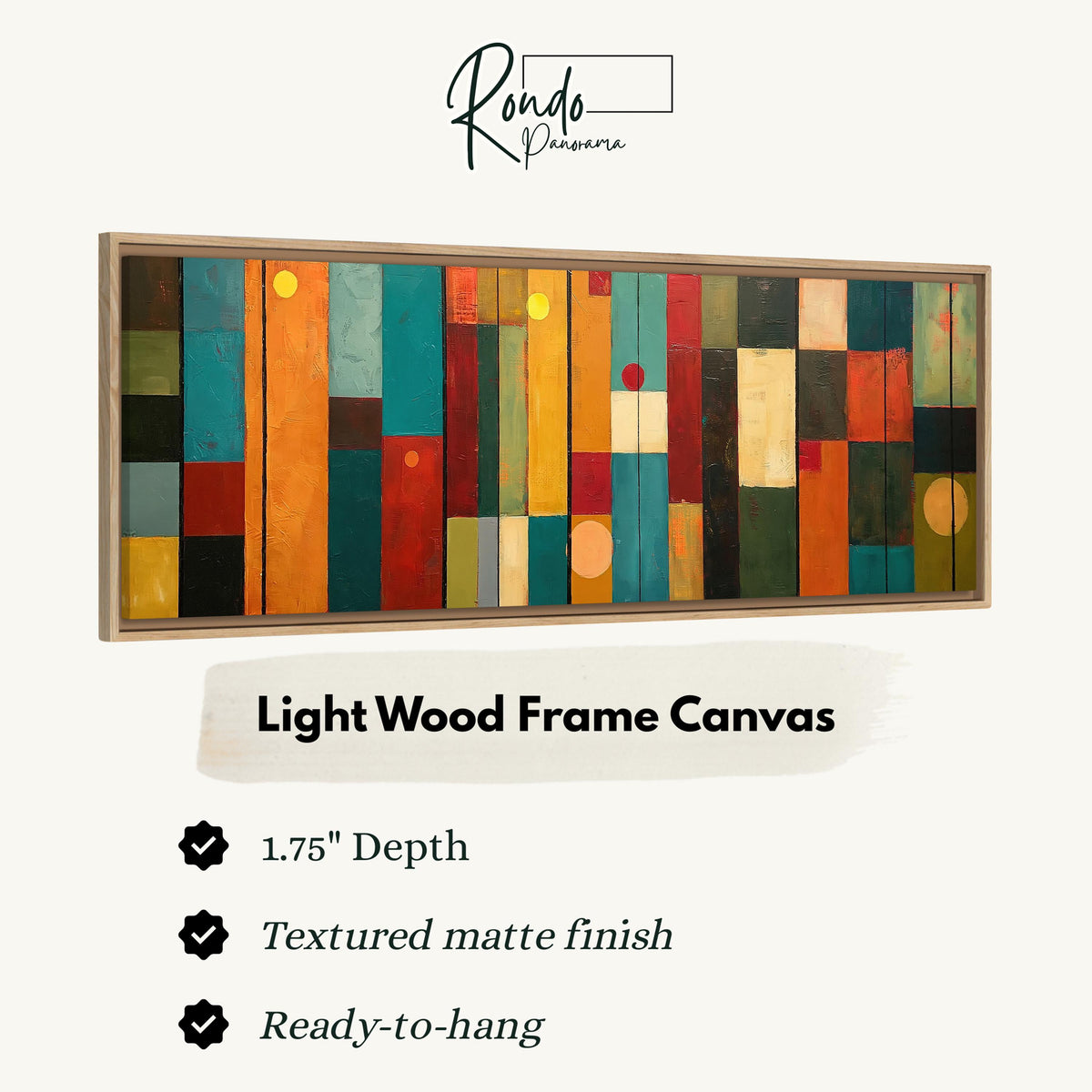 Color block panels with dots canvas print in a light wood floating frame
