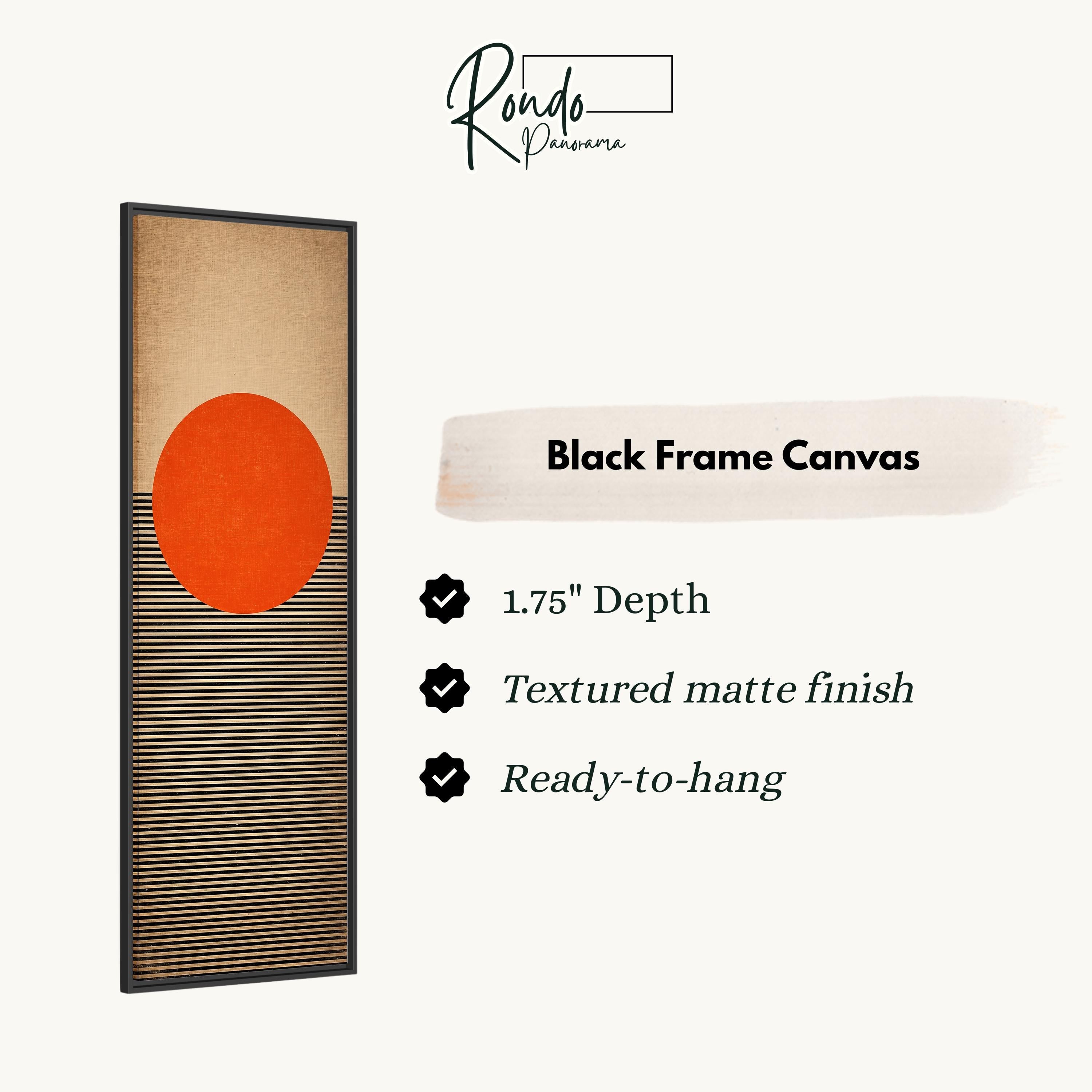 The image is a black frame canvas with a geometric design featuring a large orange circle and horizontal lines.