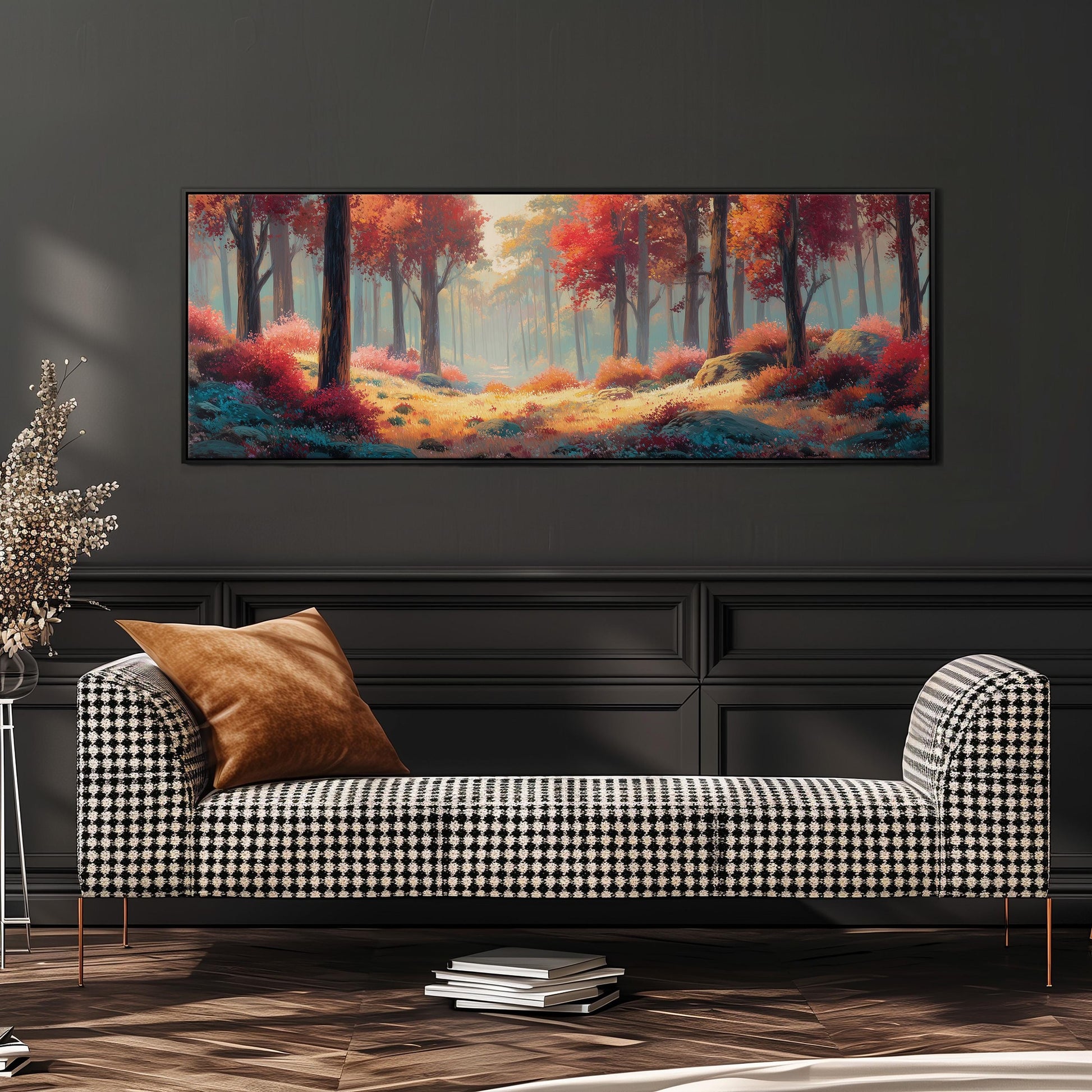 a large, colorful painting of a forest scene hanging on a wall above a black and white checkered sofa.