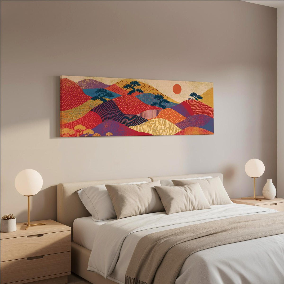 Bonsai trees on patterned hills with a red sun wide panoramic canvas print above a bed in a neutral bedroom