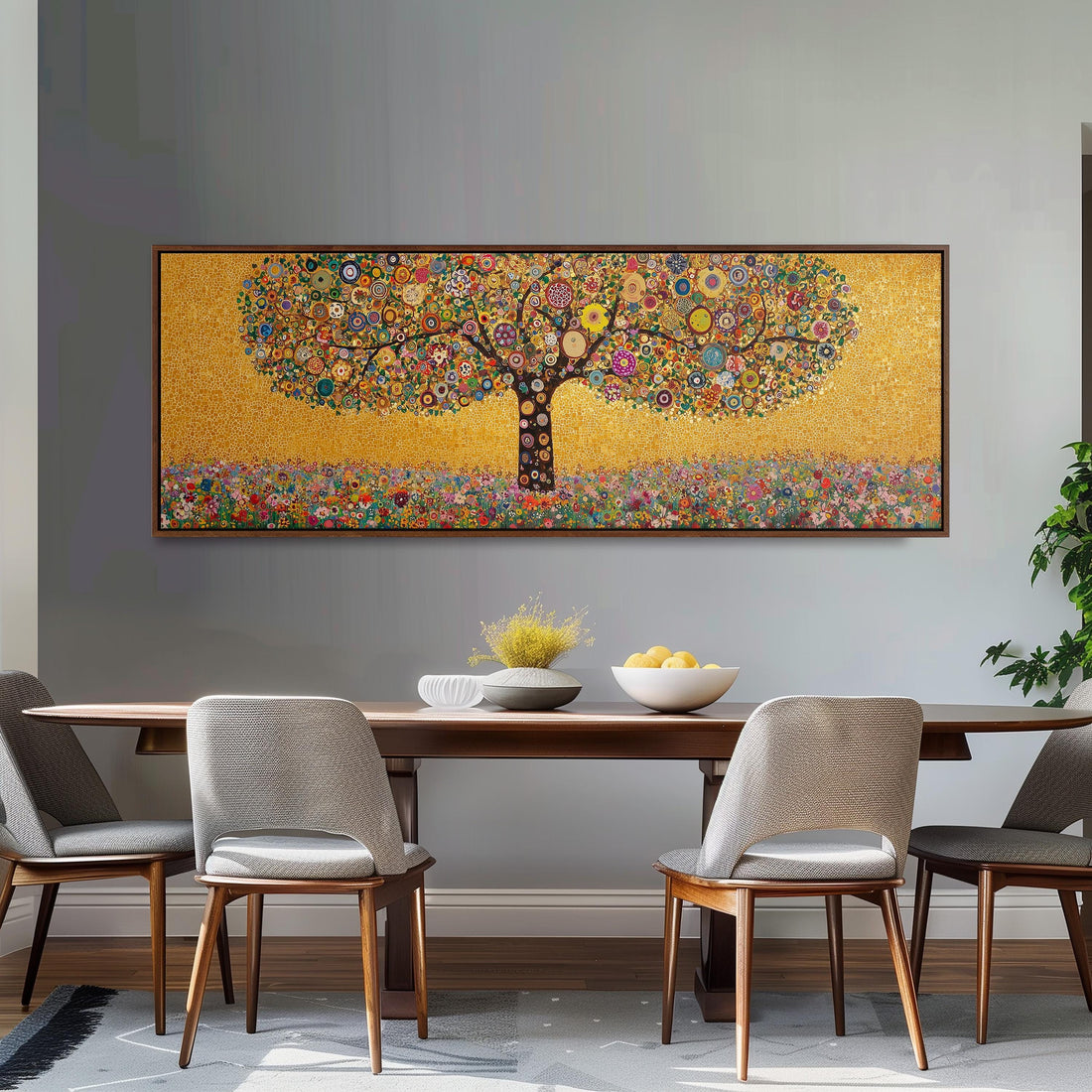 a large, colorful painting of a tree hanging on a wall above a brown sofa.