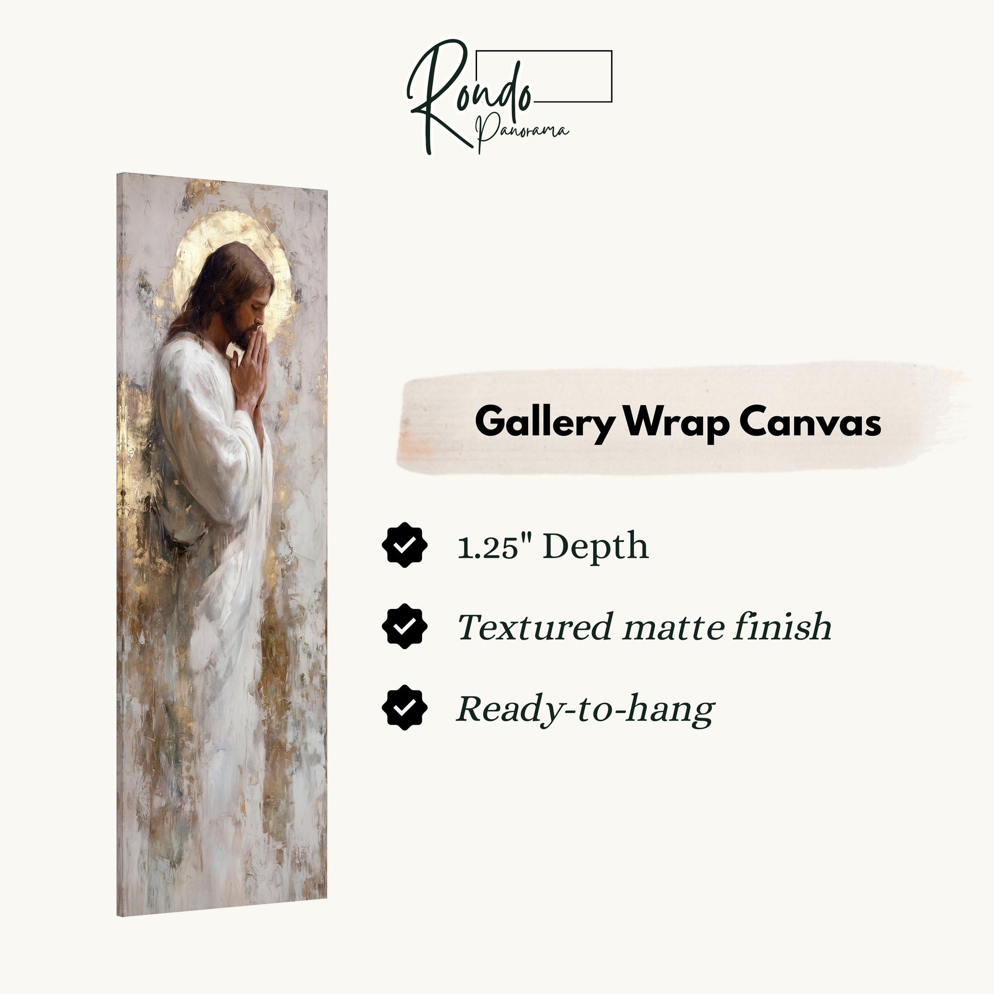 The image is a gallery wrap canvas featuring a painting of Jesus with a halo.