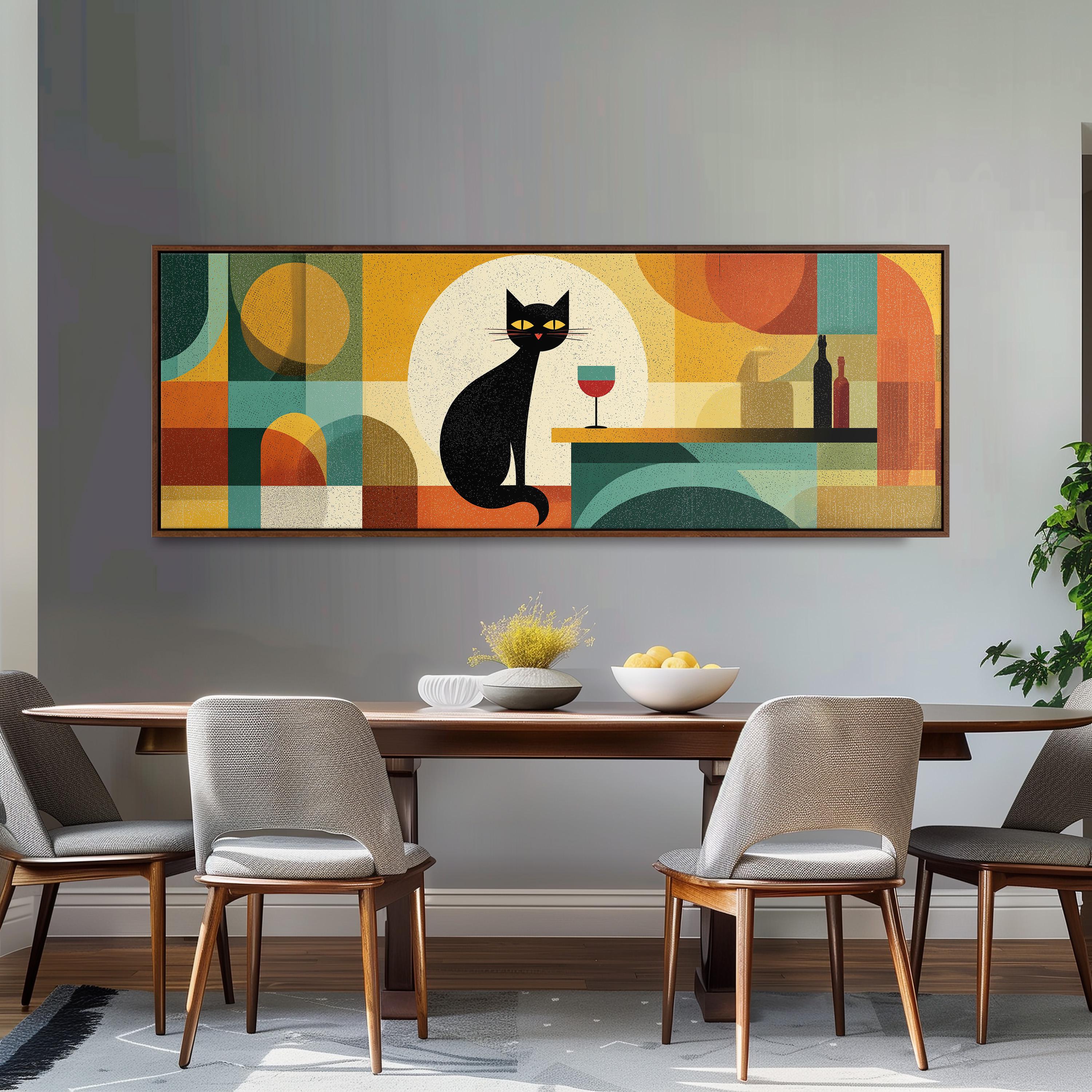 a large abstract painting of a black cat sitting on a table, with various geometric shapes and colors surrounding it. The painting is displayed on a wall above a wooden dining table with four chairs.