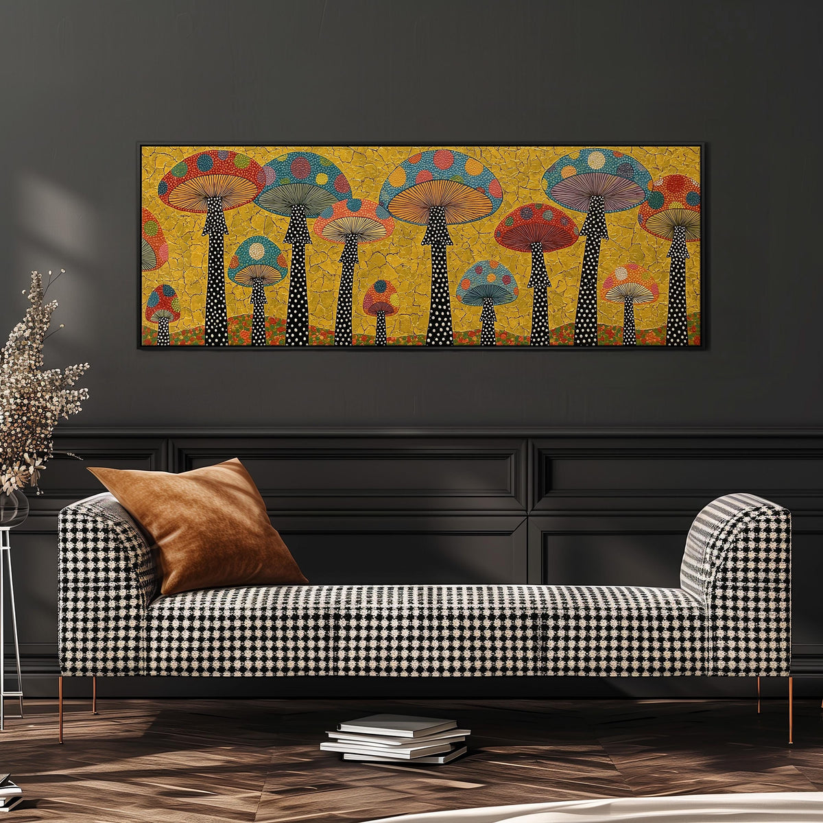 Polka dot mushrooms on gold wide panoramic canvas print above a bench in a dark living room