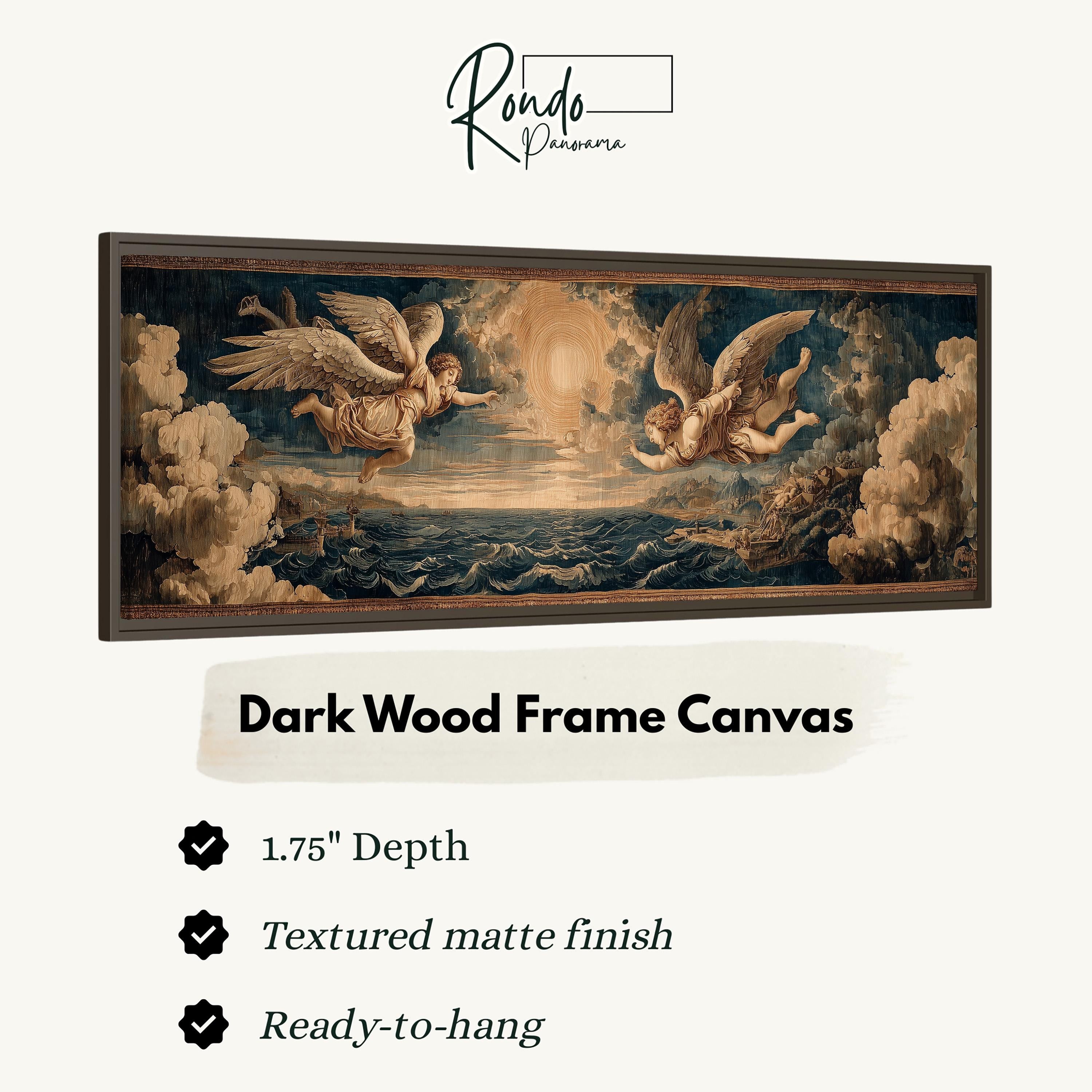 The image is a framed artwork depicting two winged figures against a backdrop of clouds and a sunset. The artwork is described as a dark wood frame canvas with a 1.75" depth and a textured matte finish. It is ready to hang.