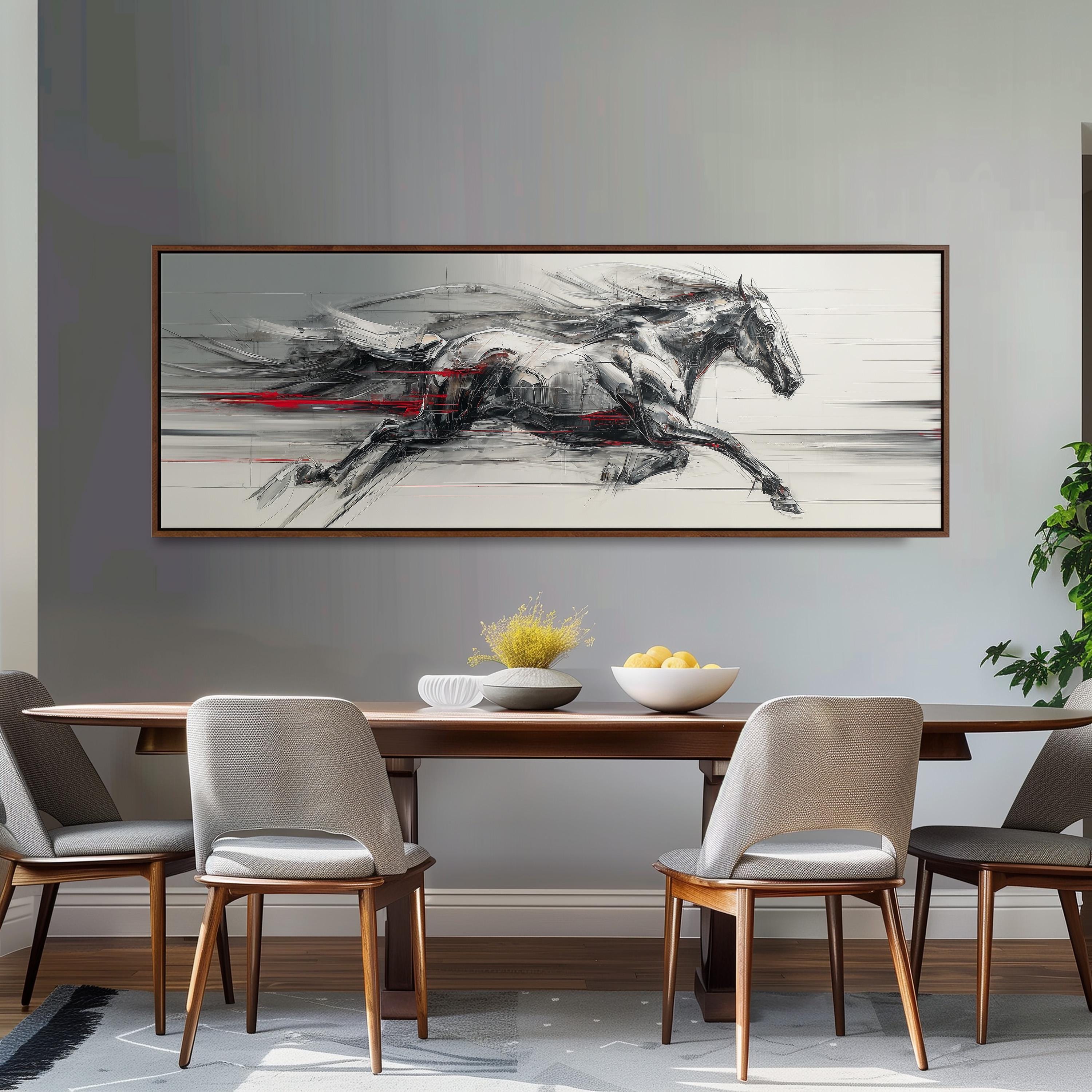 a large, modern art piece depicting a horse in motion, hanging on a wall above a wooden dining table with four chairs.