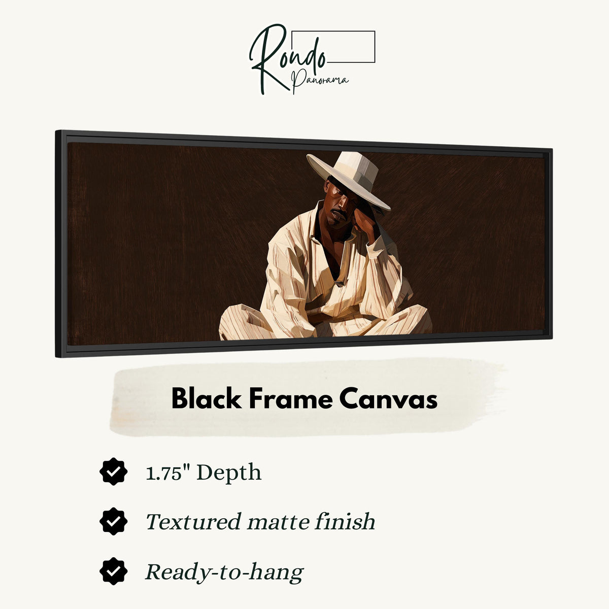 Pensive man in a white hat on brown canvas print in a black floating frame