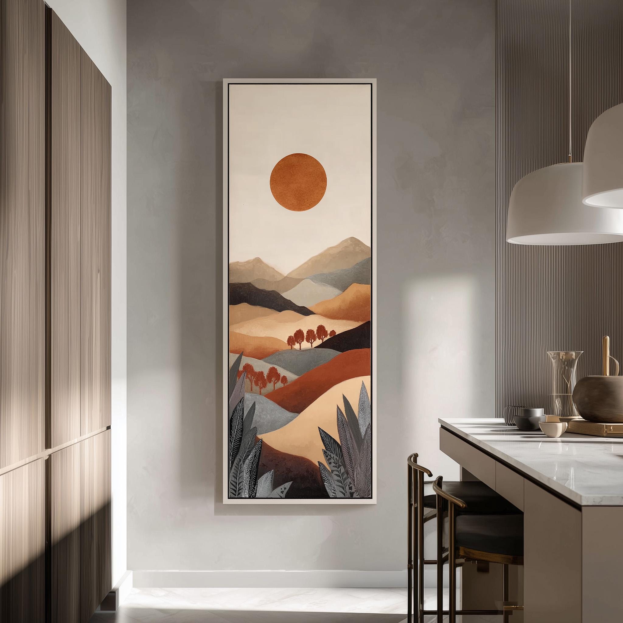 a large, colorful painting of a landscape with mountains, trees, and a sun in the sky, hanging on a wall in a modern kitchen.