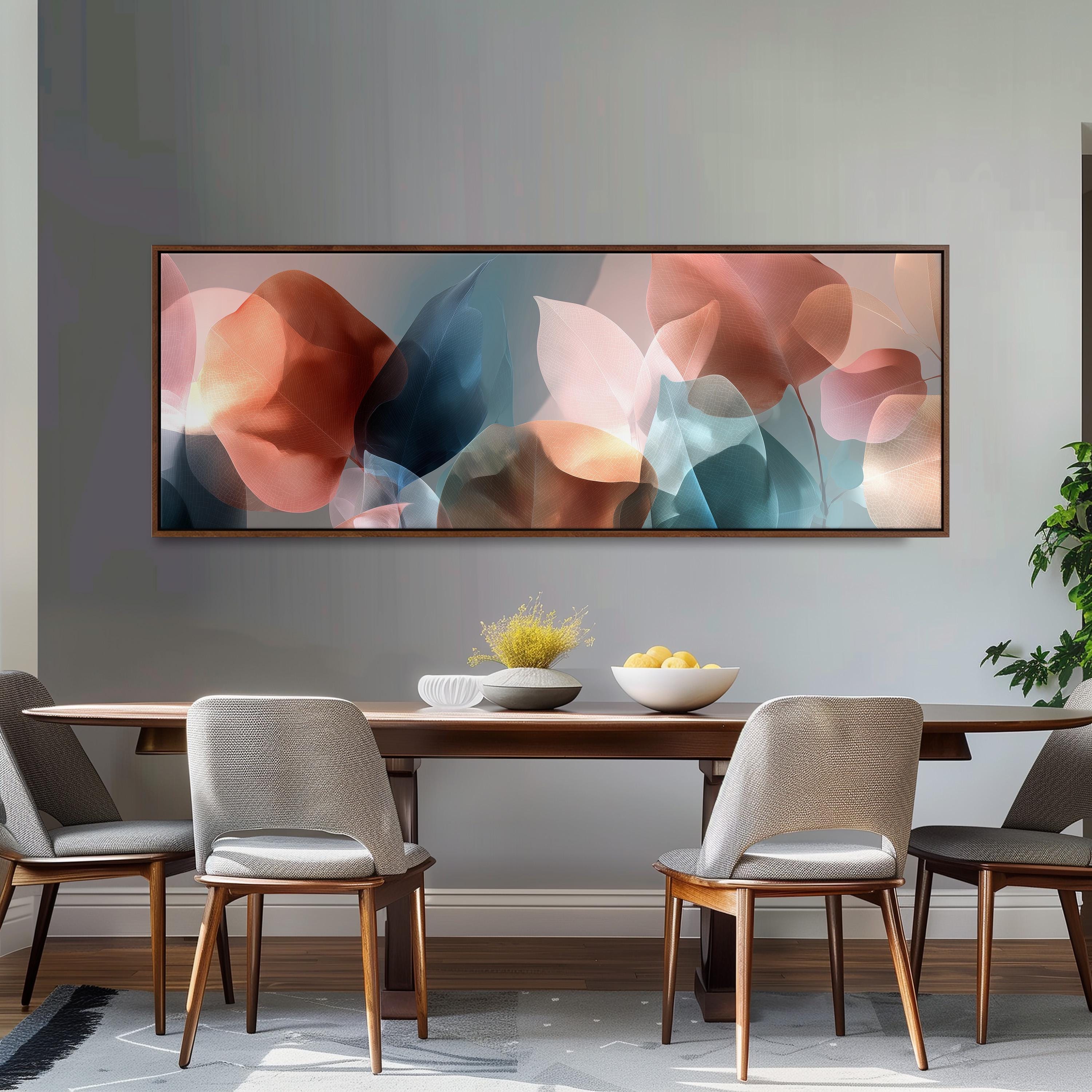 a dining room with a large abstract painting hanging on the wall above a wooden table with four chairs. The table is set with a bowl of fruit and a vase of flowers, creating a cozy and inviting atmosphere.