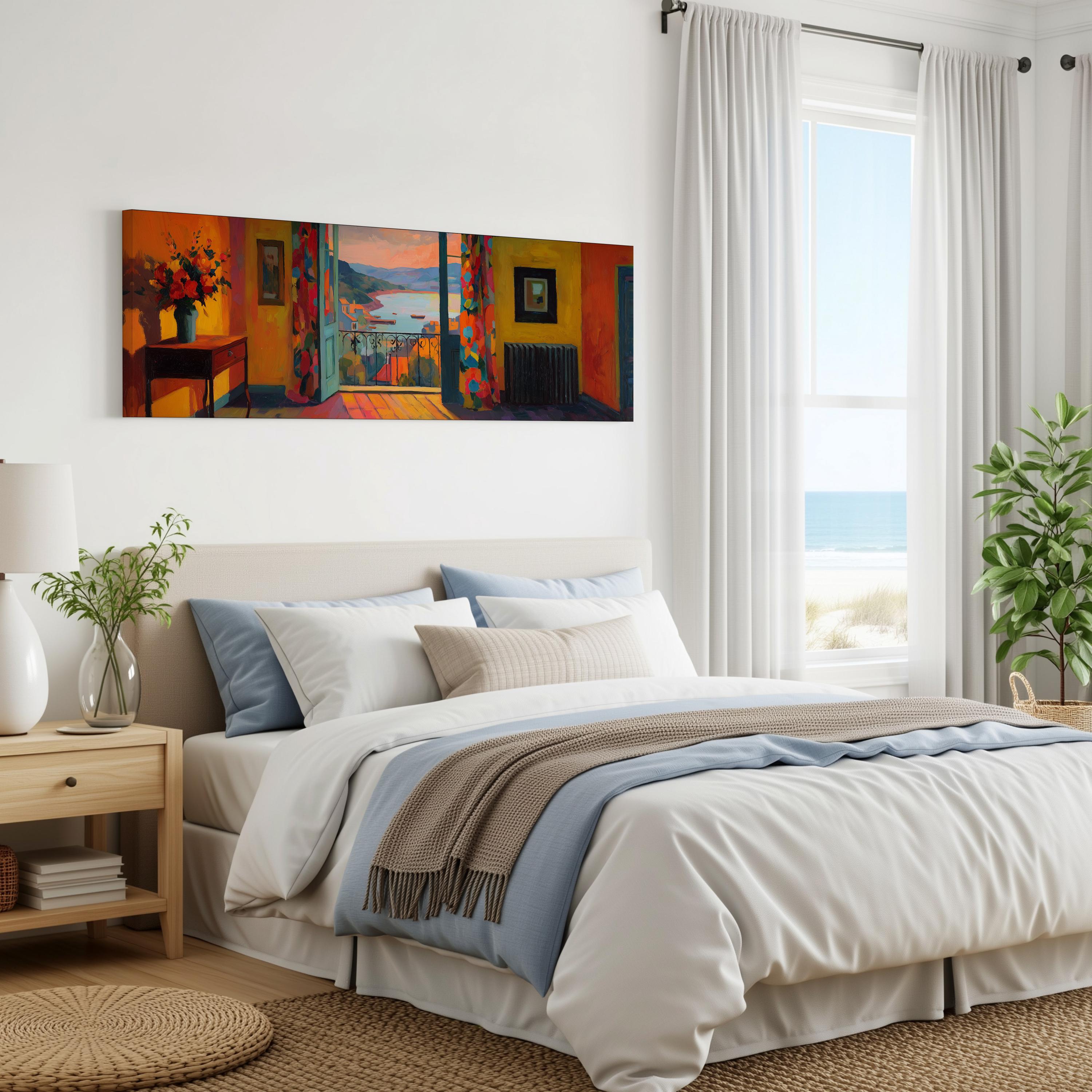 a serene bedroom with a large bed, a painting of a coastal landscape hanging on the wall, and a window overlooking the ocean.