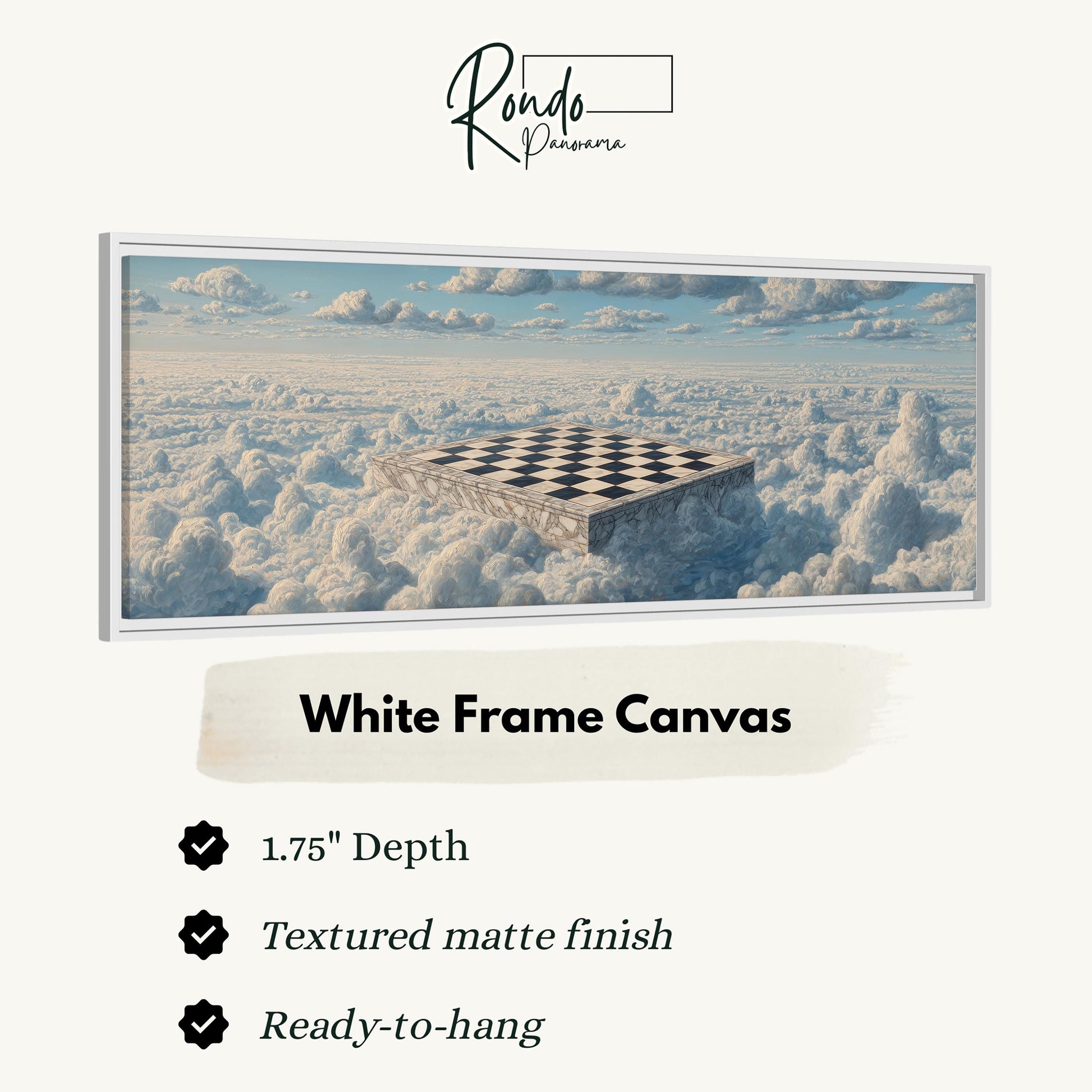 The image is a white frame canvas depicting a surreal scene of a chessboard floating in the clouds.