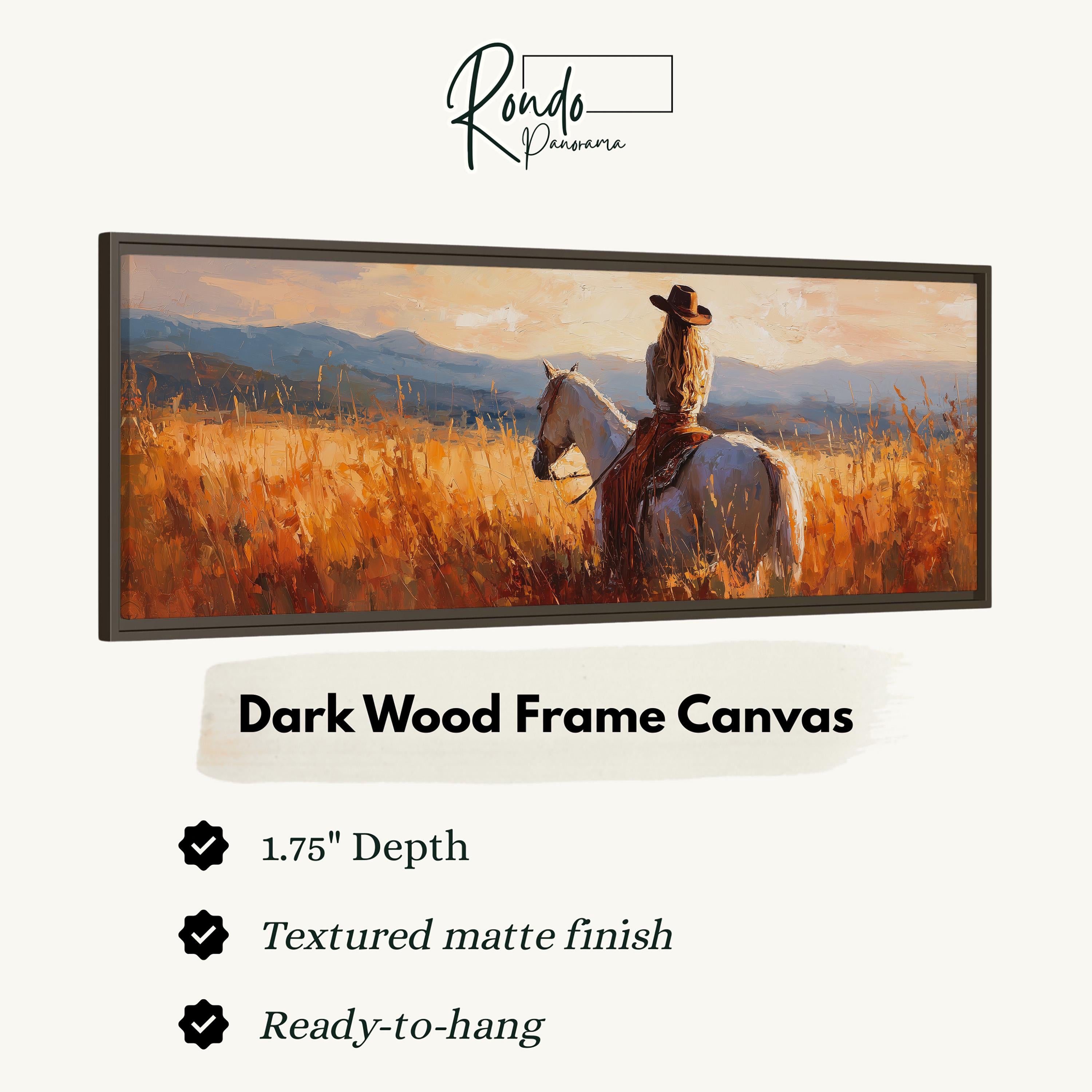 The image is a painting of a woman riding a horse in a field of tall grass.