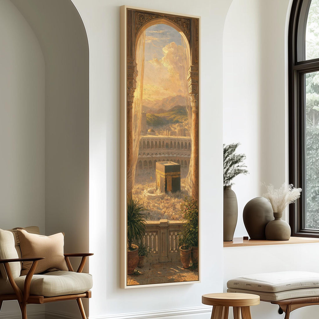 The Kaaba seen through a golden arch at sunset long vertical canvas print in a sunlit living space