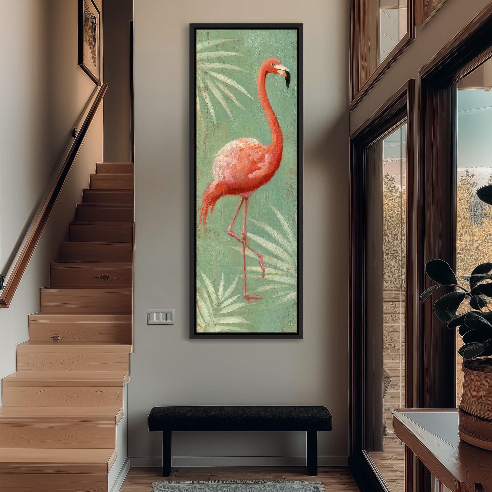 a large, vibrant painting of a flamingo standing on a green background with white leaves, hanging on the wall in a hallway.