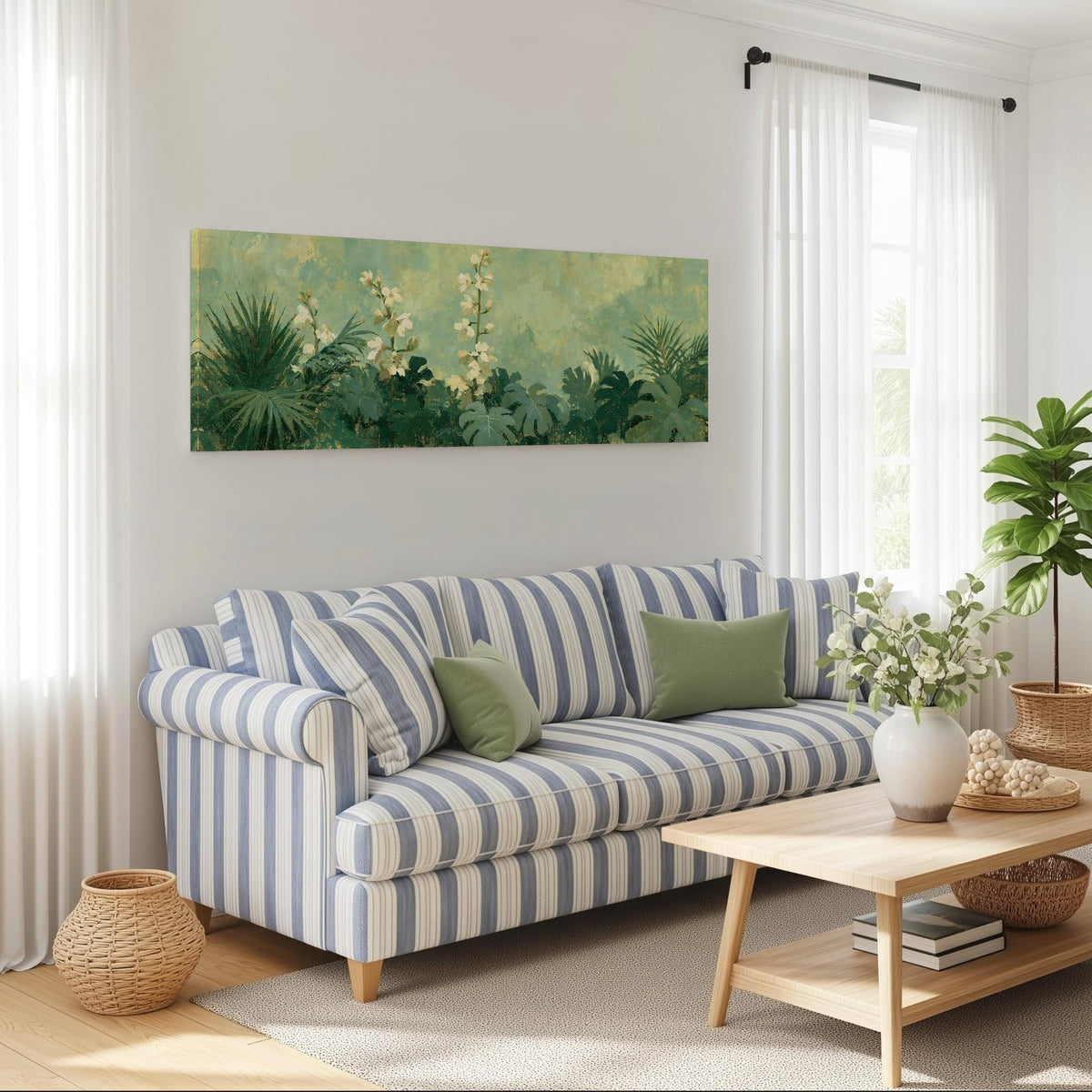 Tropical white blooms in green foliage long horizontal canvas print above a striped sofa in a coastal living room