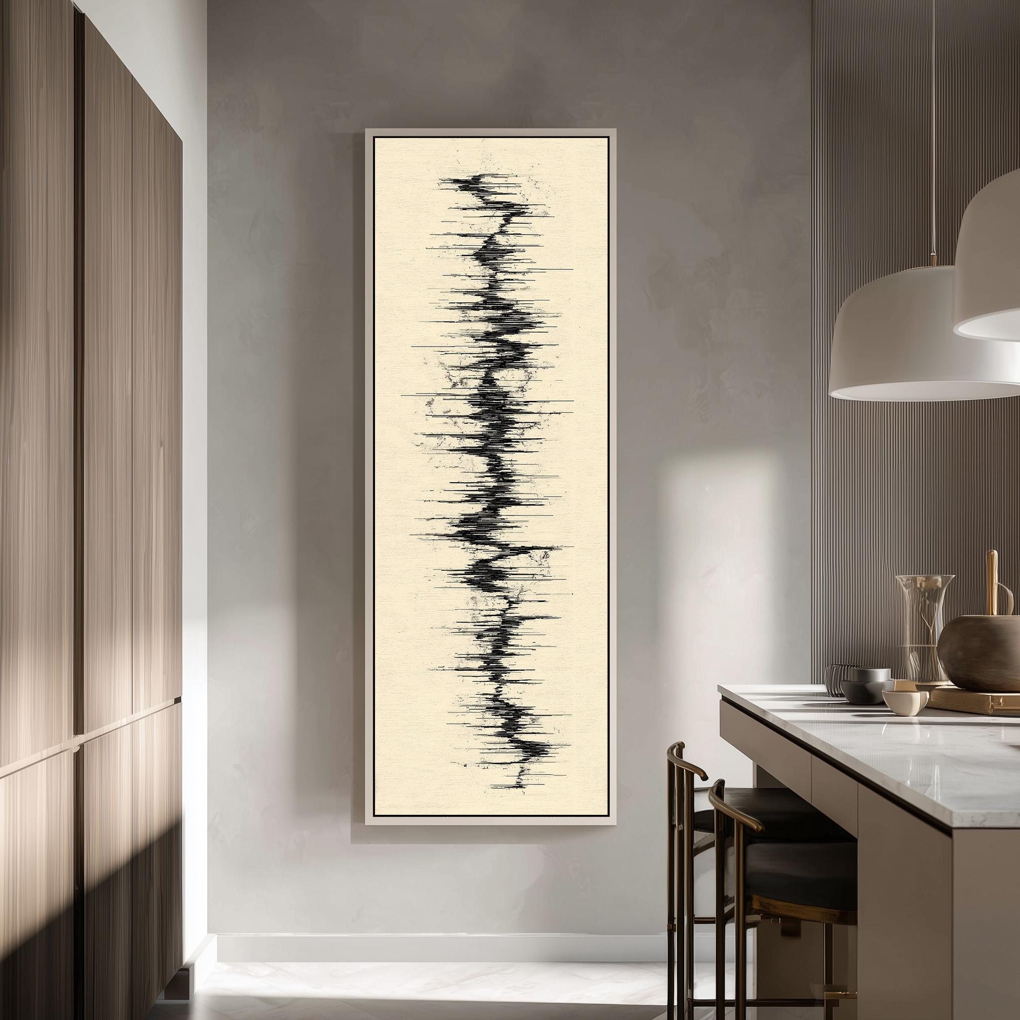 a modern kitchen with a large abstract painting hanging on the wall. The painting has a black and white color scheme and depicts a chaotic, zigzag pattern. The kitchen is equipped with a white countertop and a wooden cabinet, creating a clean and minimalist aesthetic.