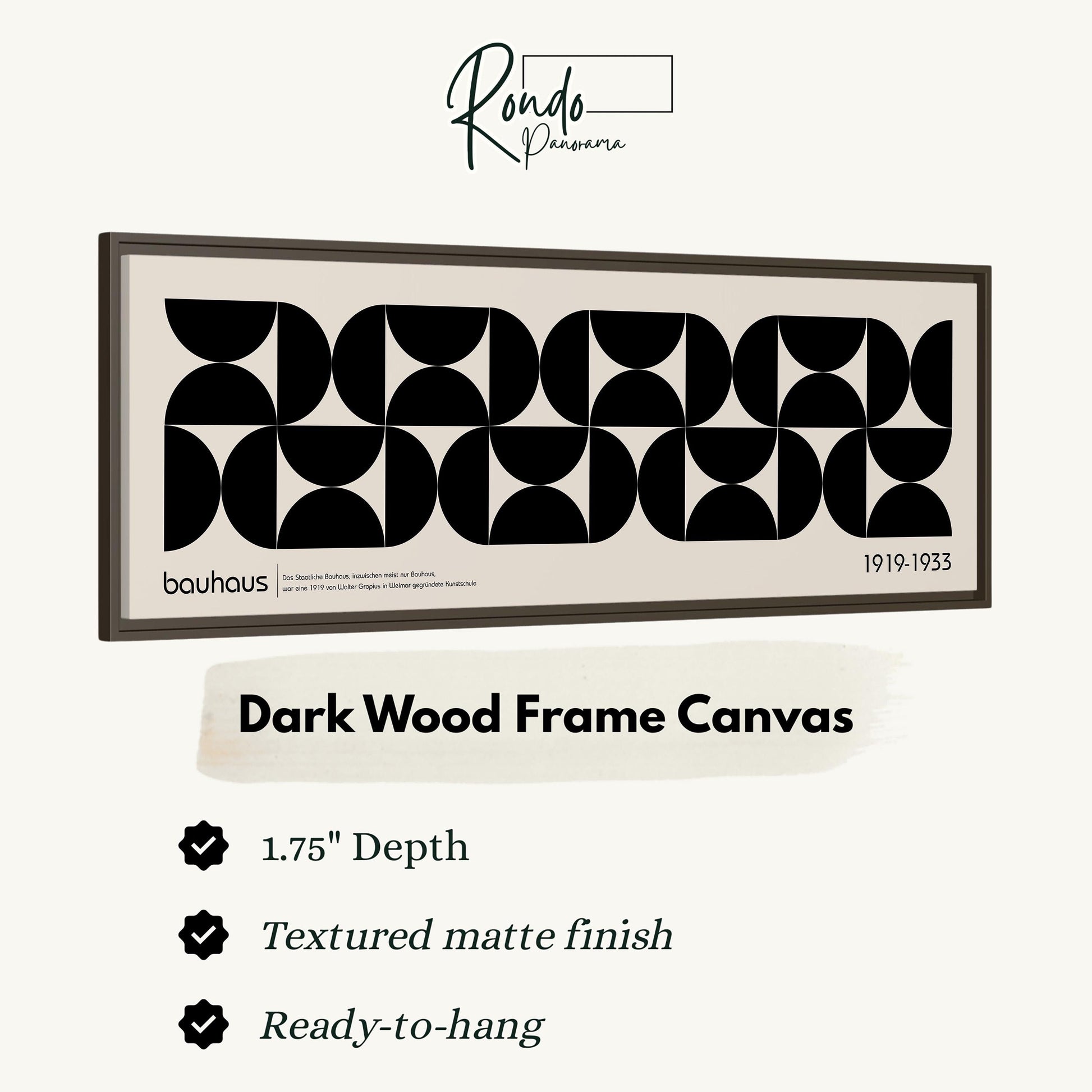 The image is a framed artwork with a dark wood frame and a textured matte finish. The artwork is a canvas with a geometric design in black and white.