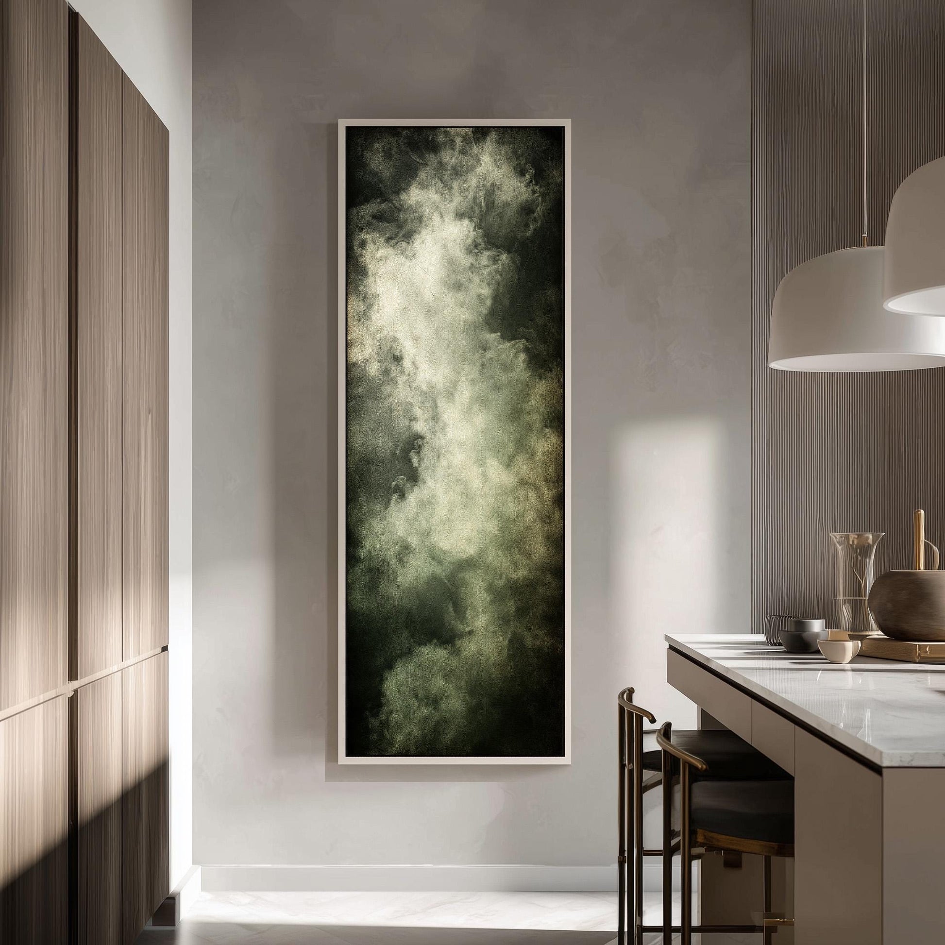 a modern kitchen with a large framed artwork hanging on the wall, depicting a cloudy sky. The kitchen has a white countertop and wooden cabinets, creating a clean and minimalist aesthetic.