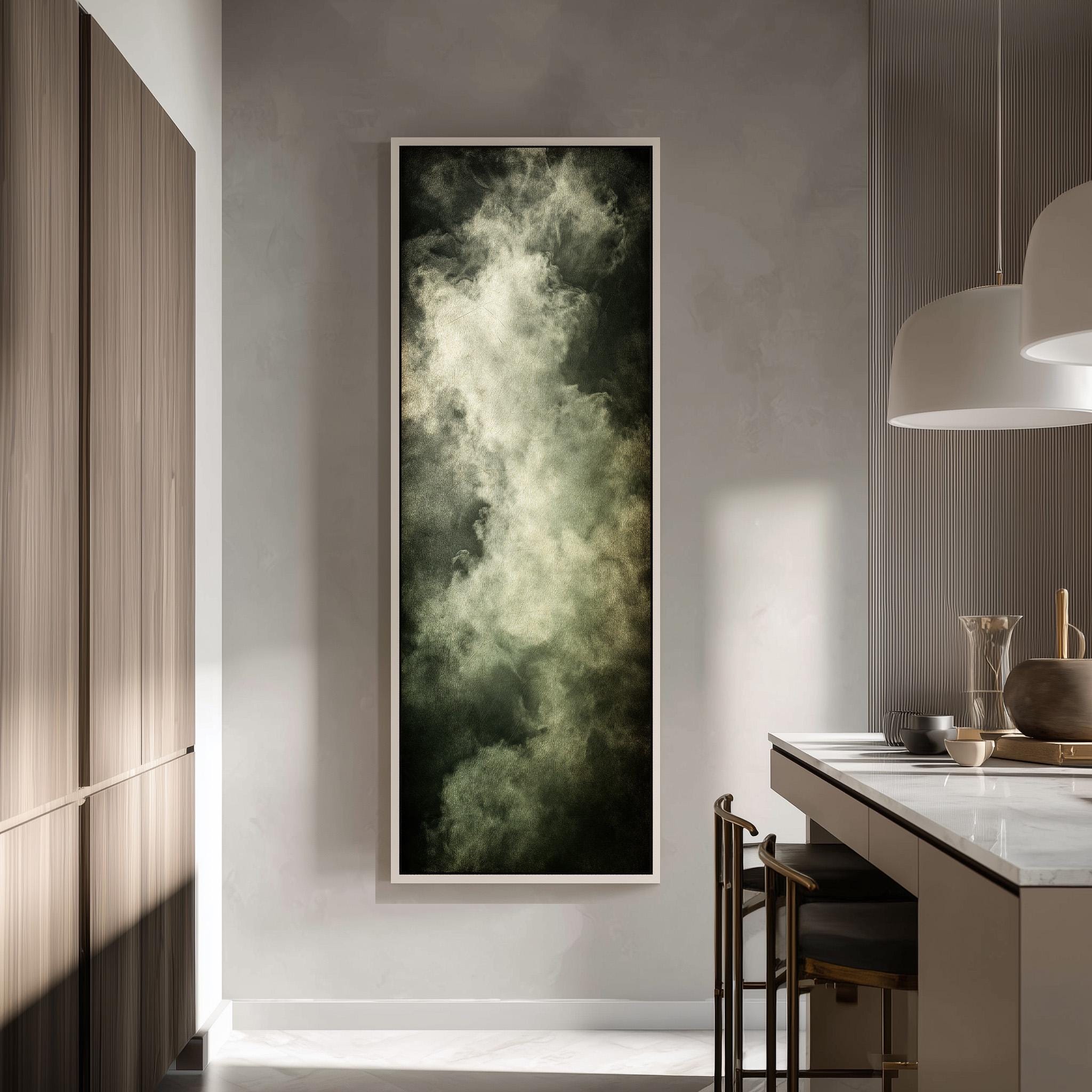 a modern kitchen with a large framed artwork hanging on the wall, depicting a cloudy sky. The kitchen has a white countertop and wooden cabinets, creating a clean and minimalist aesthetic.