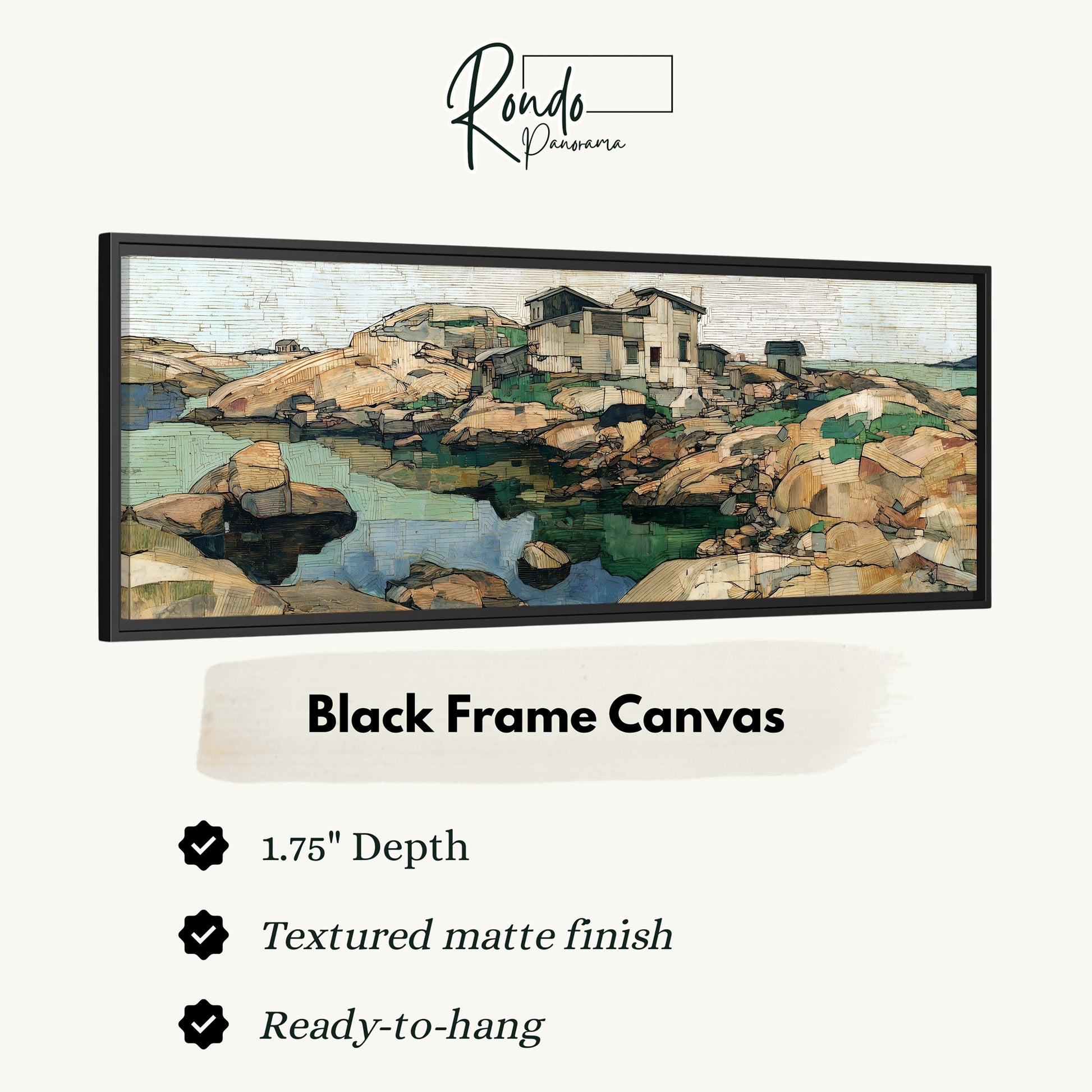 The image is a black frame canvas depicting a landscape with a house and a body of water.