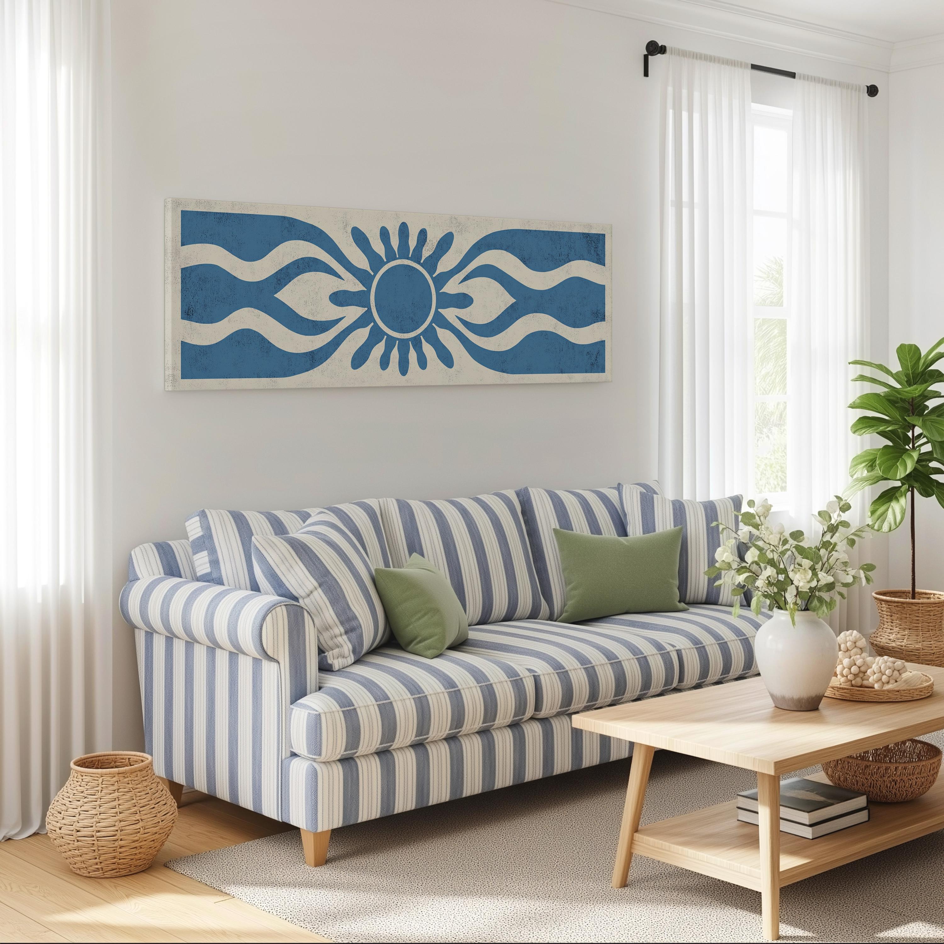 a cozy living room with a striped blue and white sofa, a wooden coffee table, and a large window with white curtains. A large blue and white abstract artwork is hanging on the wall above the sofa, and a potted plant is placed on the coffee table.