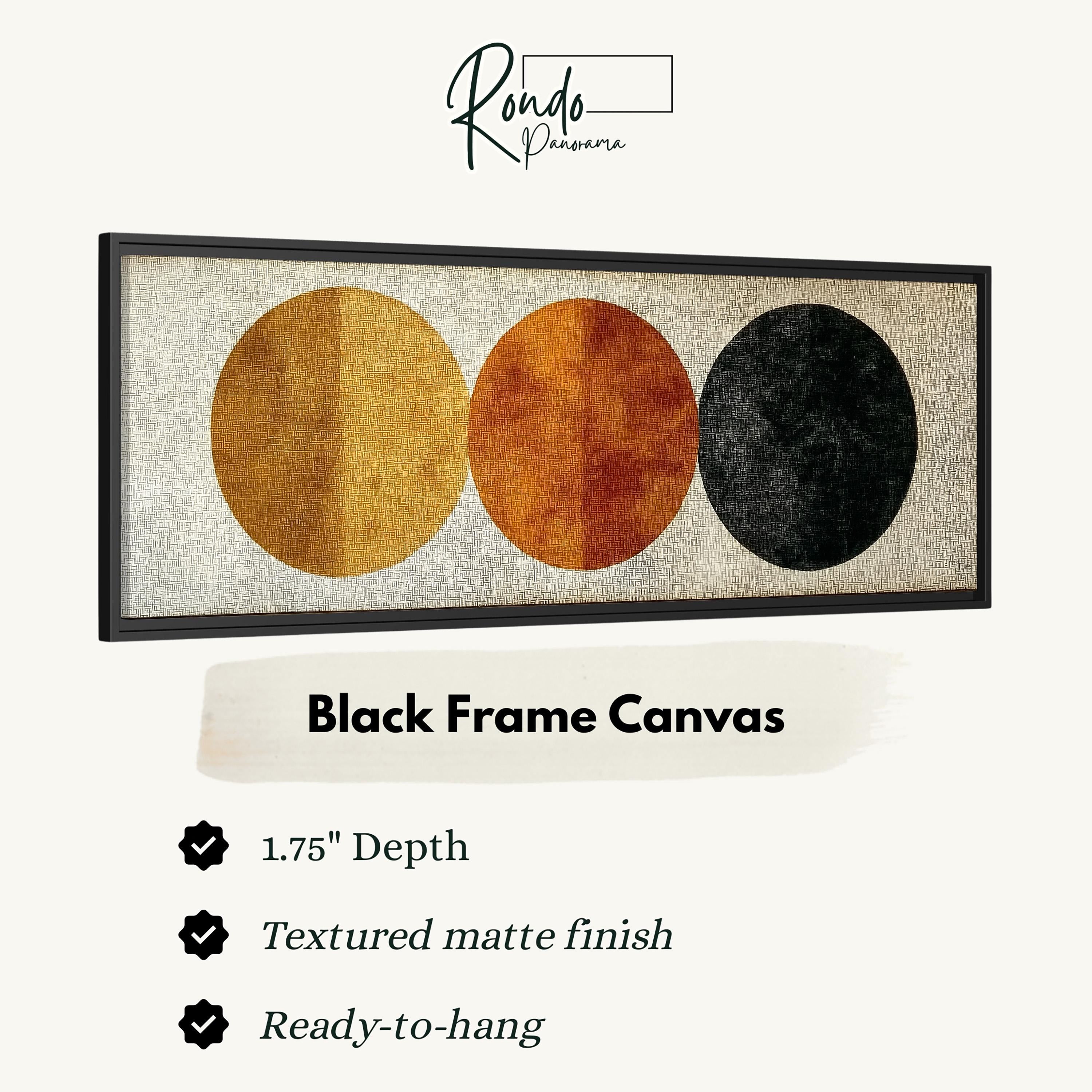 The image is a black frame canvas with three circles of different sizes and colors, which is described as a "Black Frame Canvas" with a 1.75" depth and a textured matte finish.