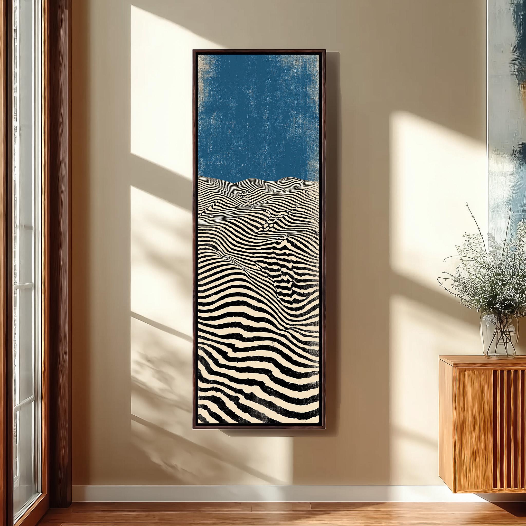 a large, abstract painting hanging on a wall, depicting a striking black and white striped pattern.