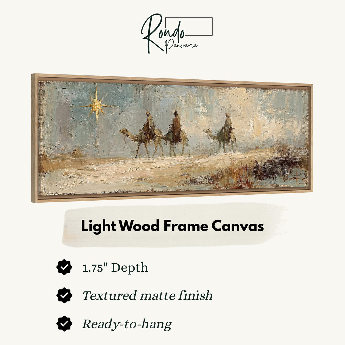 Wise men on camels following the star canvas print in a light wood floating frame