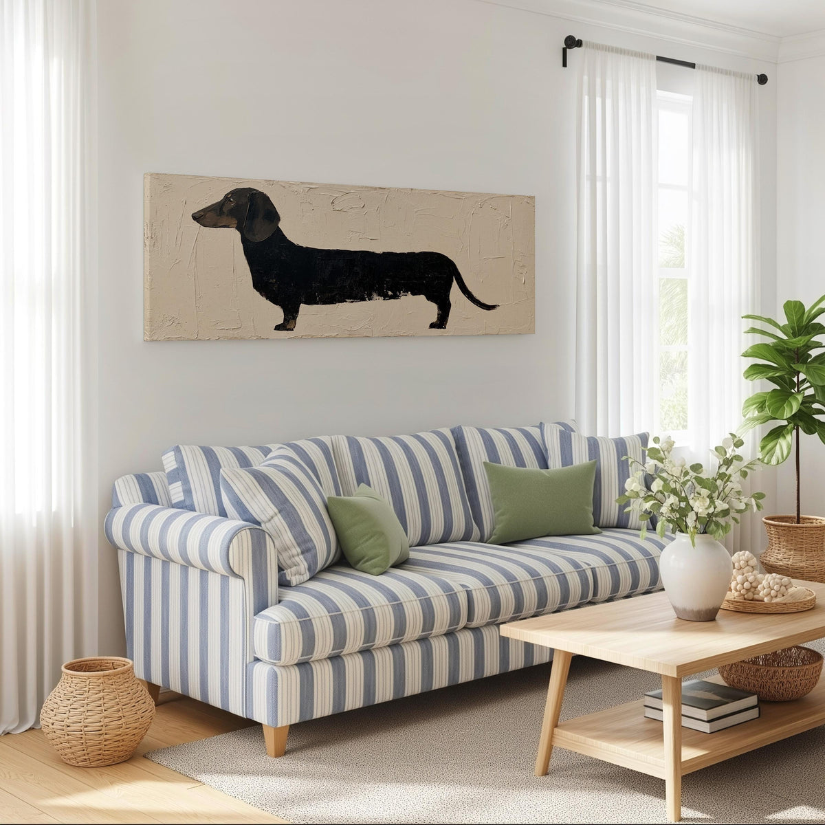 Black dachshund silhouette long horizontal canvas print above a striped sofa in a coastal living room