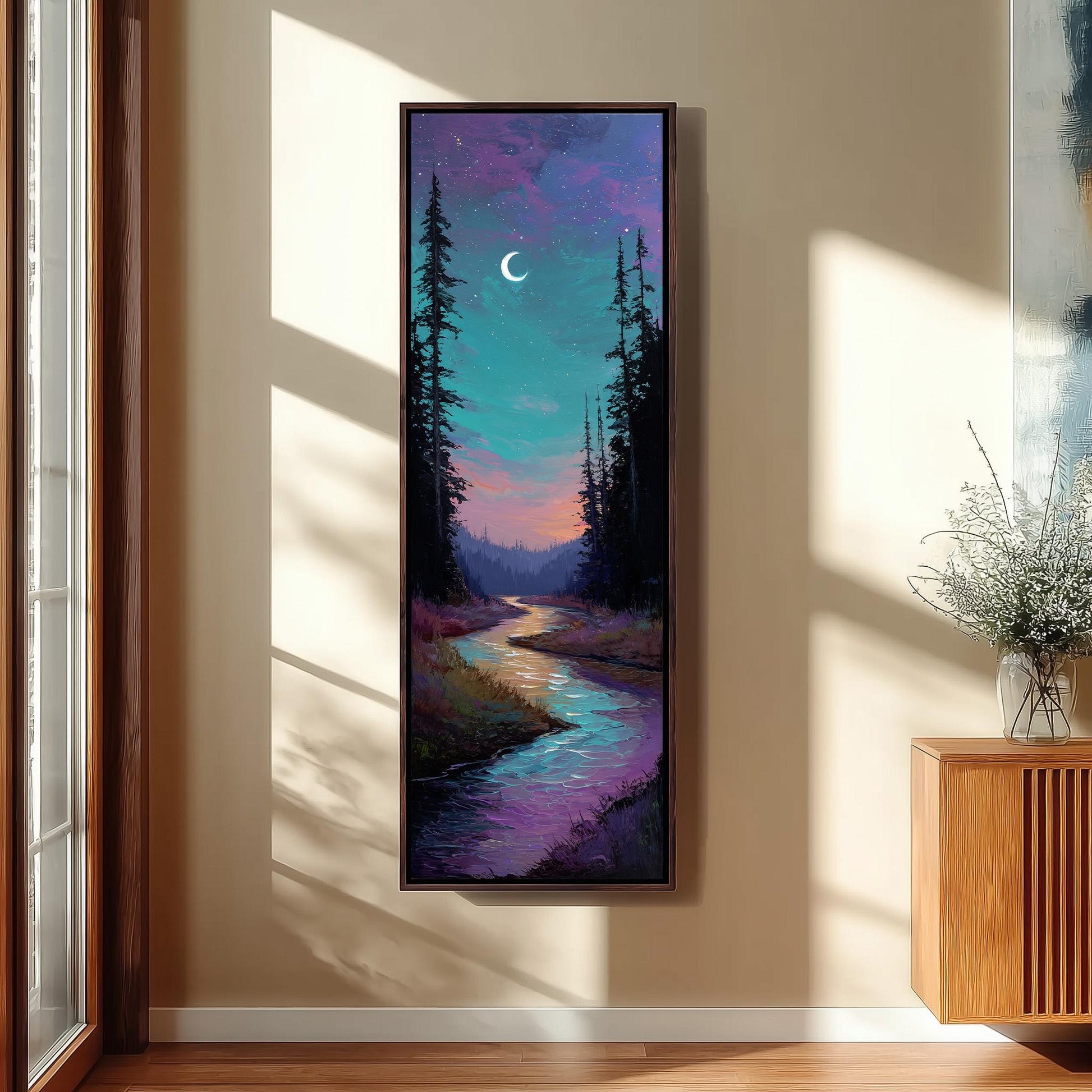 a large, colorful painting of a forest scene with a river and a crescent moon in the sky.
