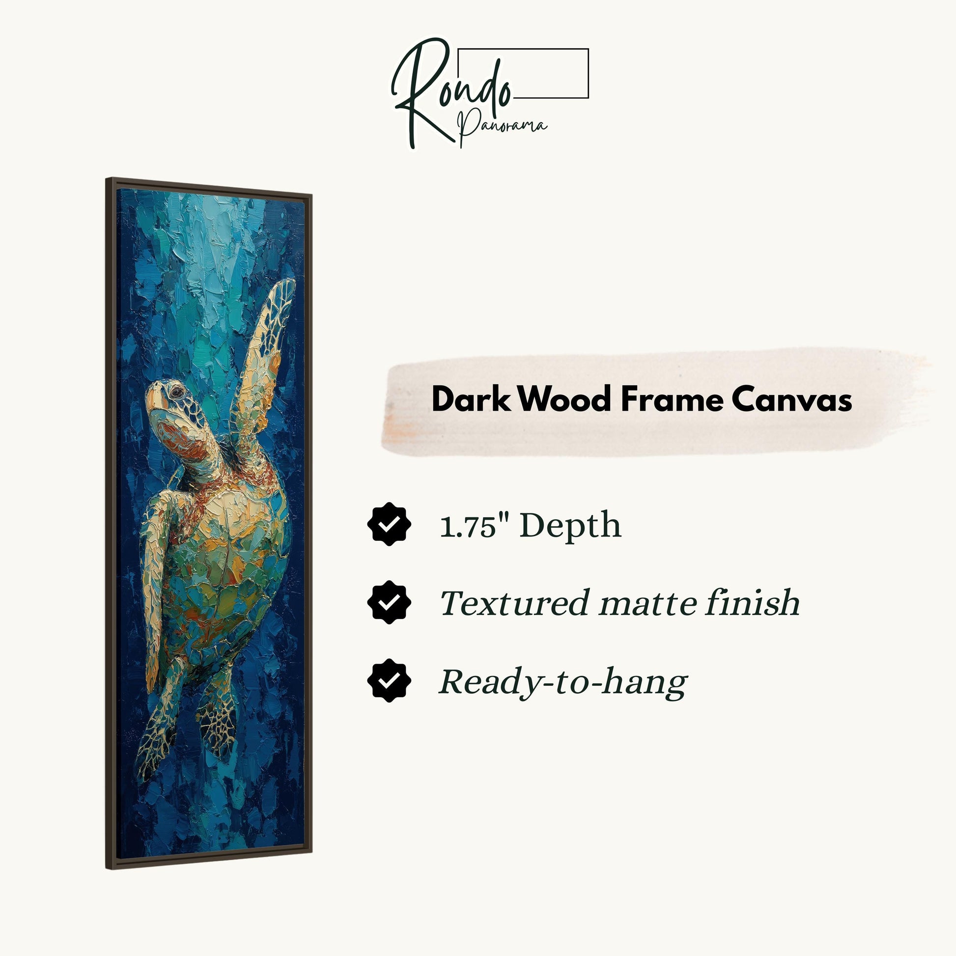 The image is a rectangular dark wood frame canvas depicting a colorful painting of a sea turtle swimming in the ocean.