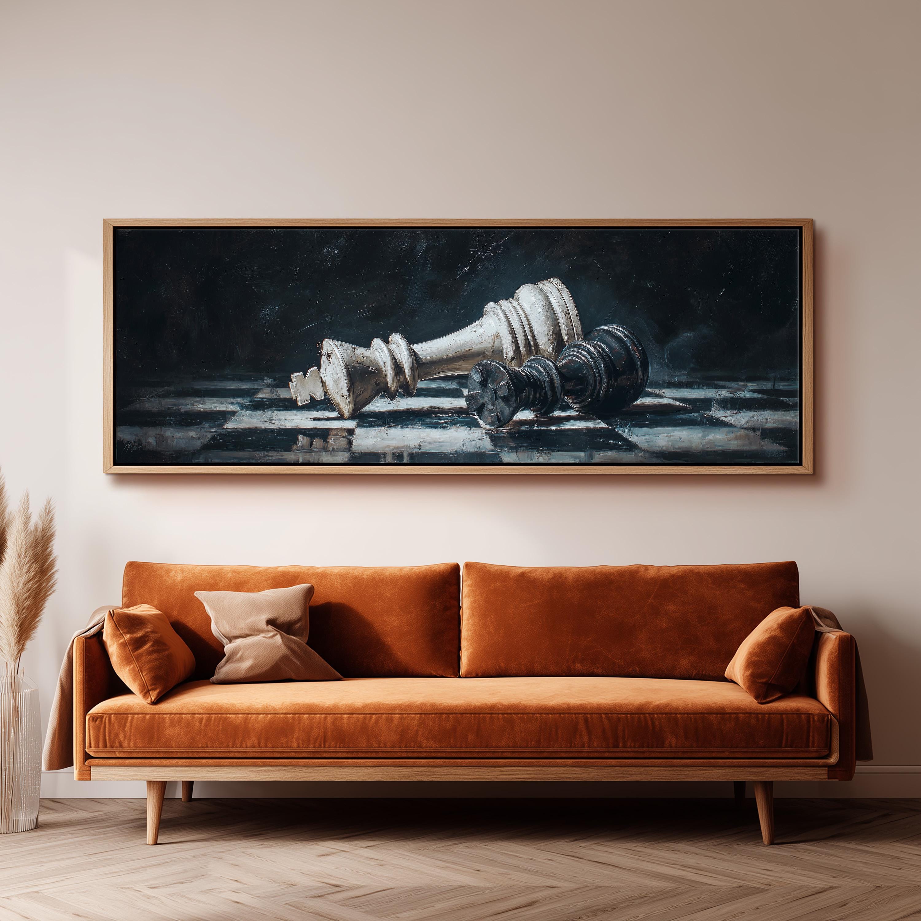 a large painting of a chess king and pieces hanging on a wall above a brown sofa.