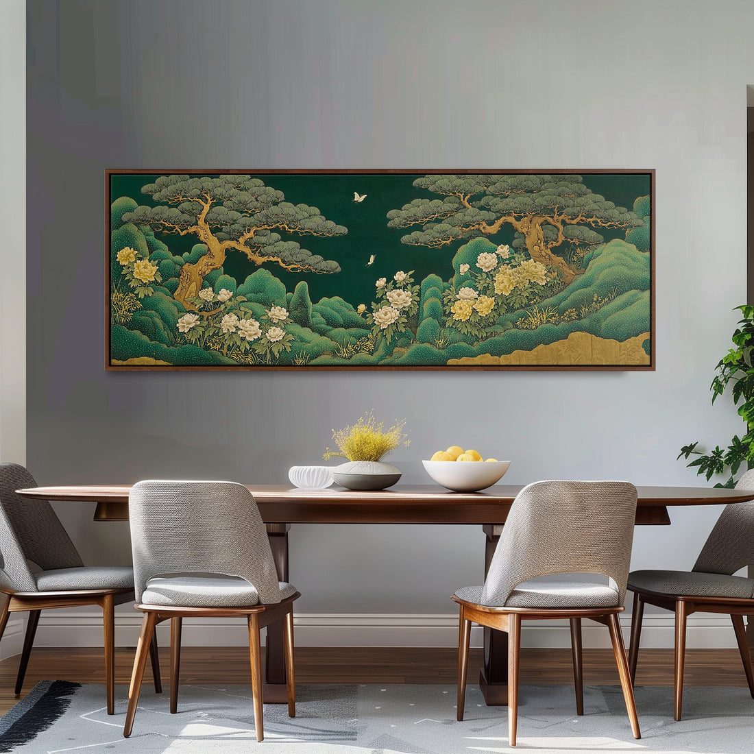 a dining room with a large, colorful painting of a landscape hanging on the wall above a wooden dining table with four chairs. The painting depicts a serene scene with trees, flowers, and a bird in flight.