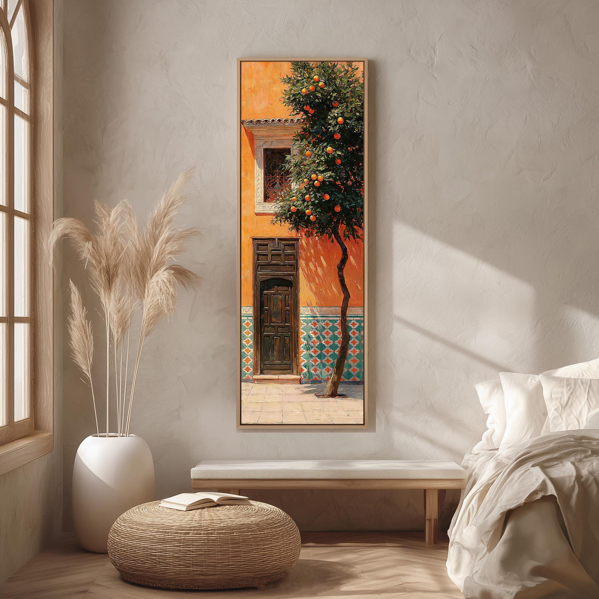 Orange tree beside a carved courtyard door long vertical canvas print in a bright reading corner
