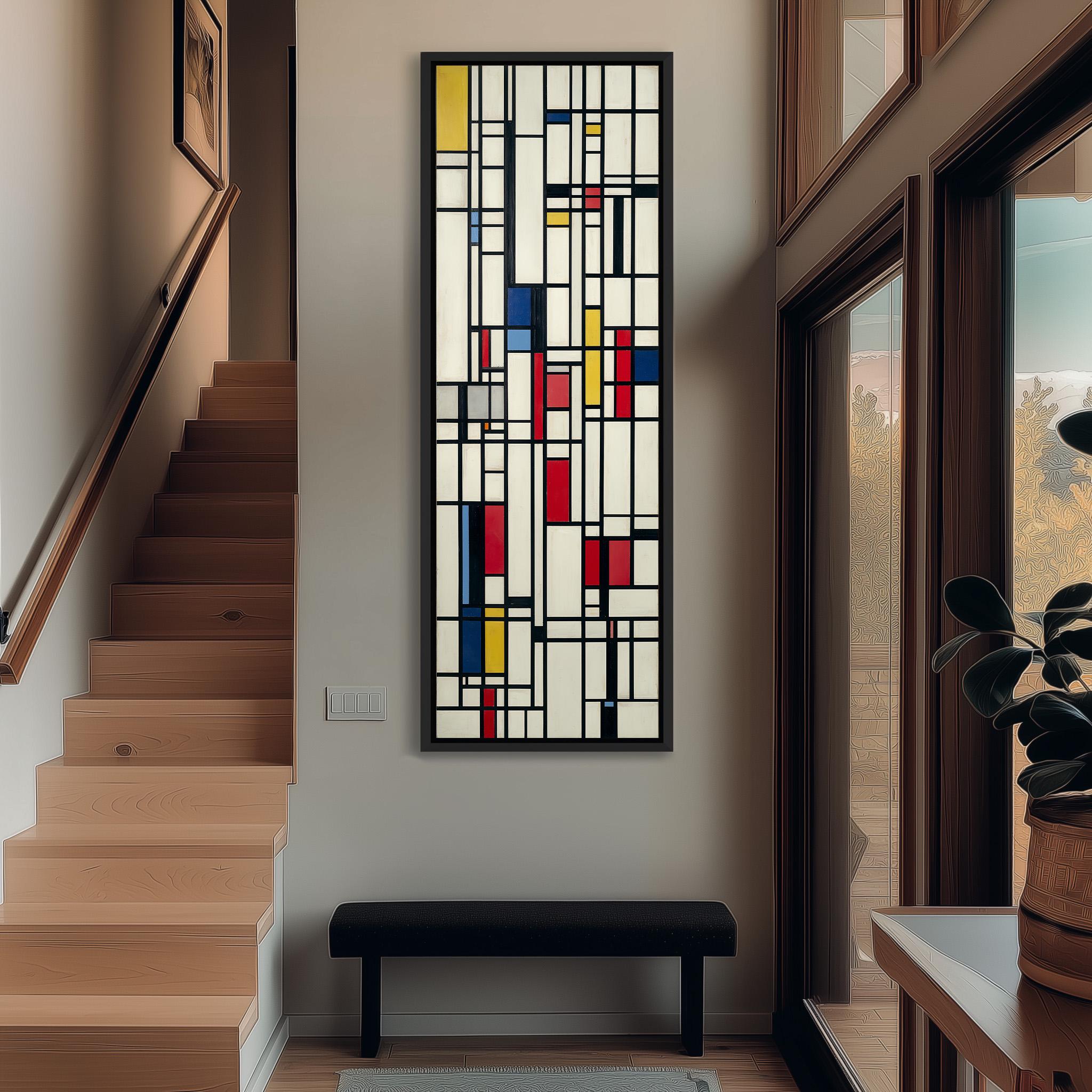 a modern interior design with a large abstract painting hanging on the wall above a black bench. The painting has a geometric pattern with bold colors and shapes, creating a striking visual focal point in the space.