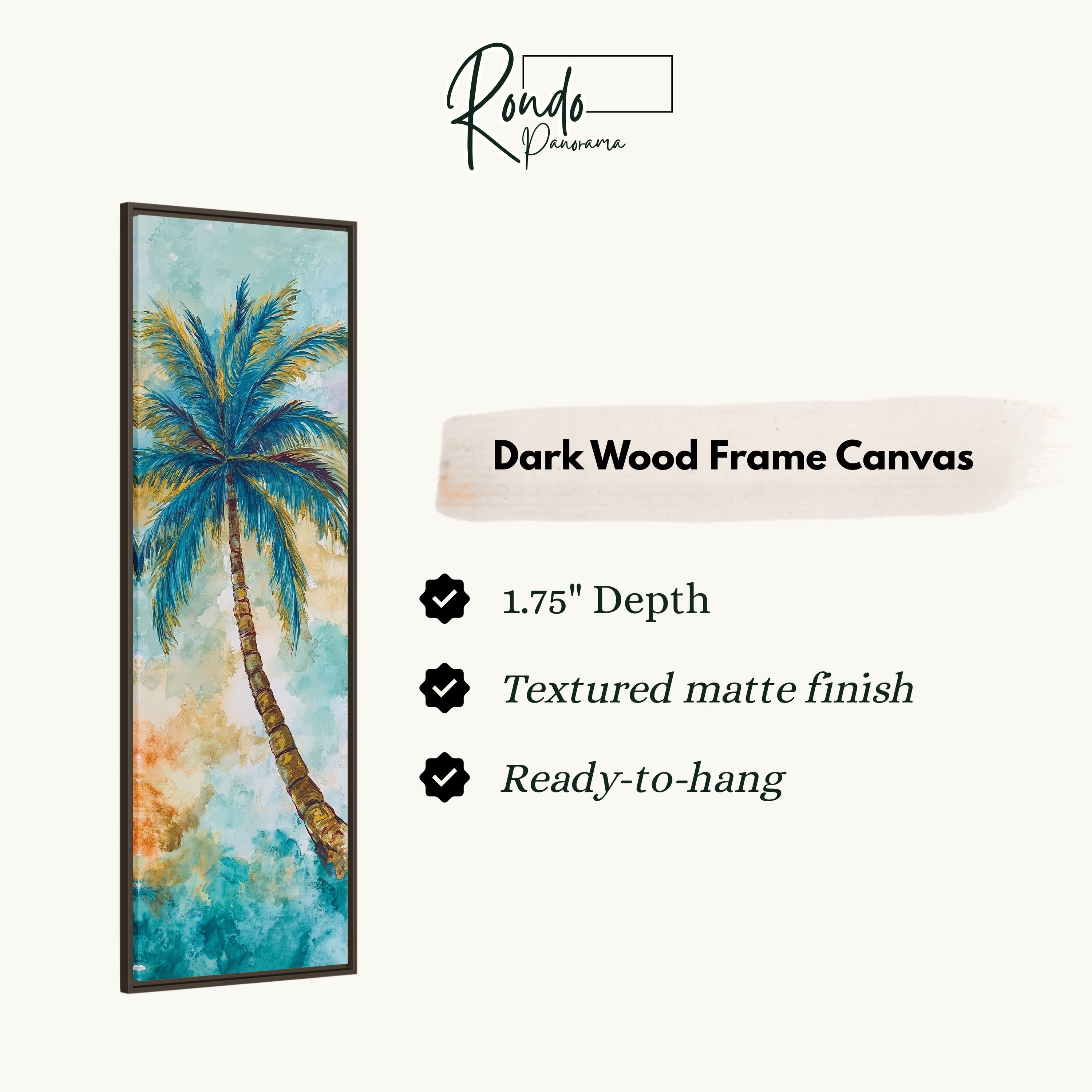 The image is a rectangular dark wood frame canvas depicting a palm tree with a textured matte finish.