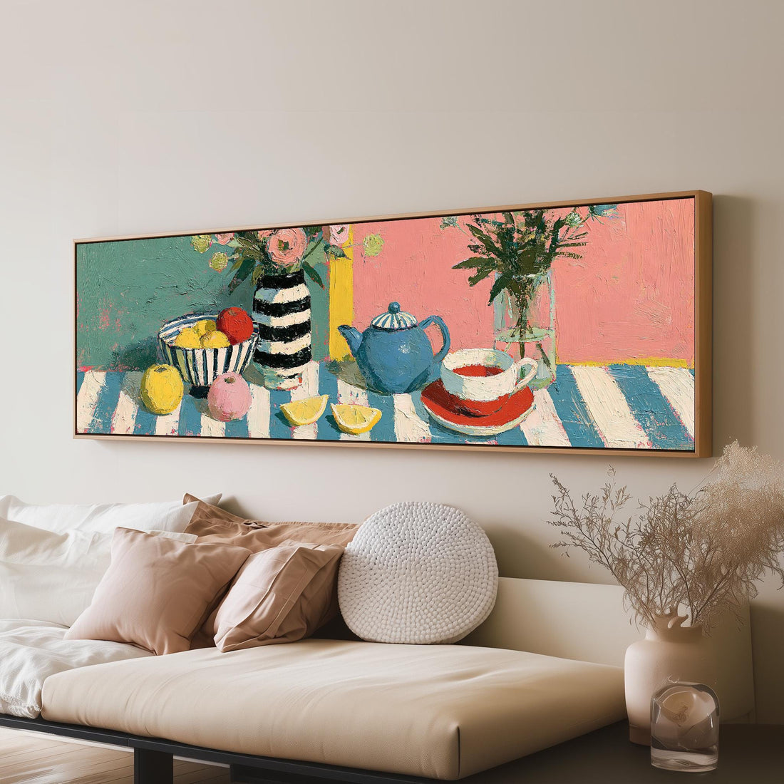 Colorful kitchen still life long horizontal canvas print above a sofa in a living room