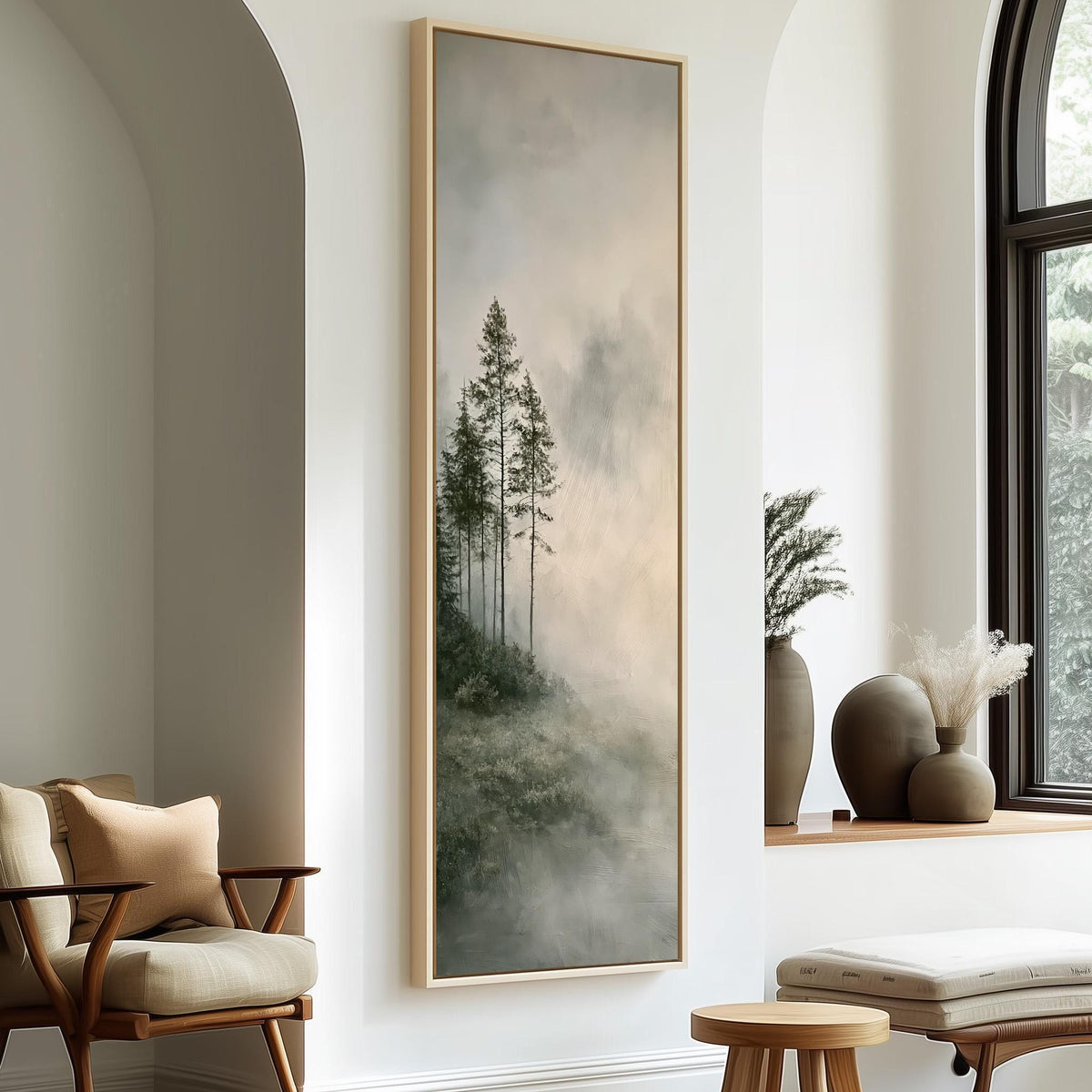 Monochrome pines in heavy mist long vertical canvas print in a sunlit living space